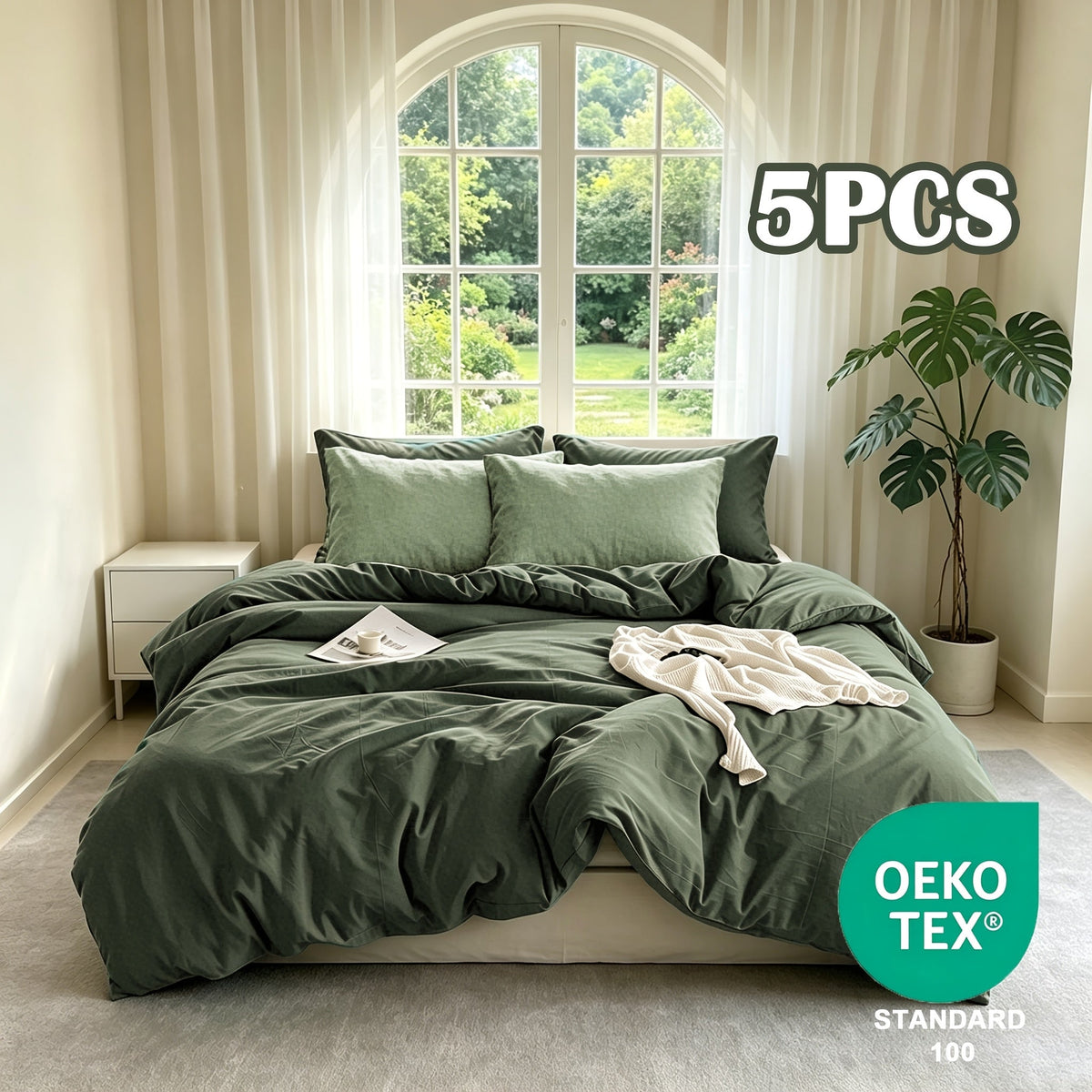 Washed Microfiber Duvet Cover Set 5-Piece, 1 Duvet Cover + 4 Pillowcases, Zipper Closure & Corner Ties, Soft Breathable Bedding Set for Home School Guest Room, No Insert, Multiple Sizes & Colors