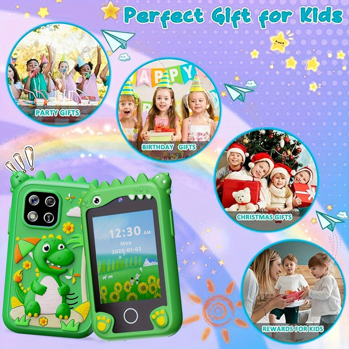 Kids Smart Phone Toy with HD Touchscreen, Dual Camera, Dinosaur Design, 8GB SD Card Included, Play Cell Phone for Boys and Girls Ages 3 and Up, Travel Toy, Birthday, Easter, Halloween, Christmas Gift, Green/Purple