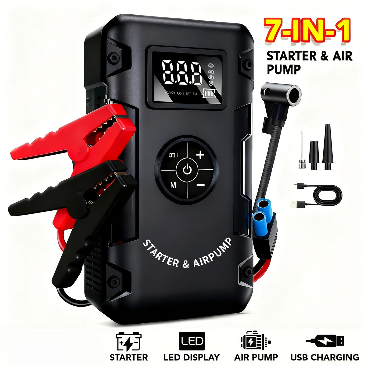 10000A 7-in-1 Car Jump Starter with 150PSI Air Pump – Portable Battery Booster for Gas & Diesel Engines, High-Pressure Pump, Vehicle Emergency Kit, Power Bank