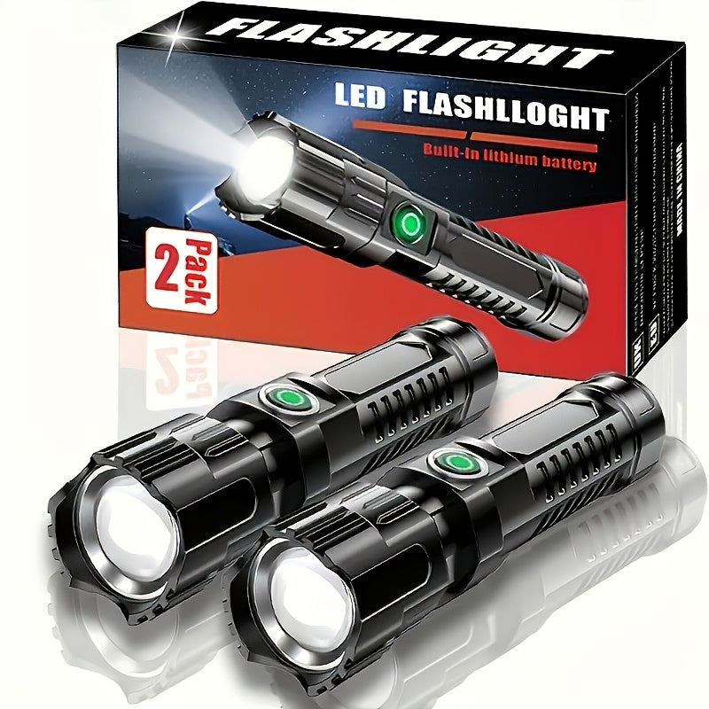 2-Pack High-Powered Zoom Flashlights - 260 Lumens, 150m Range, Retractable Zoom, Portable Mini Flashlight for Camping, Outdoor & Home - USB Charging Included