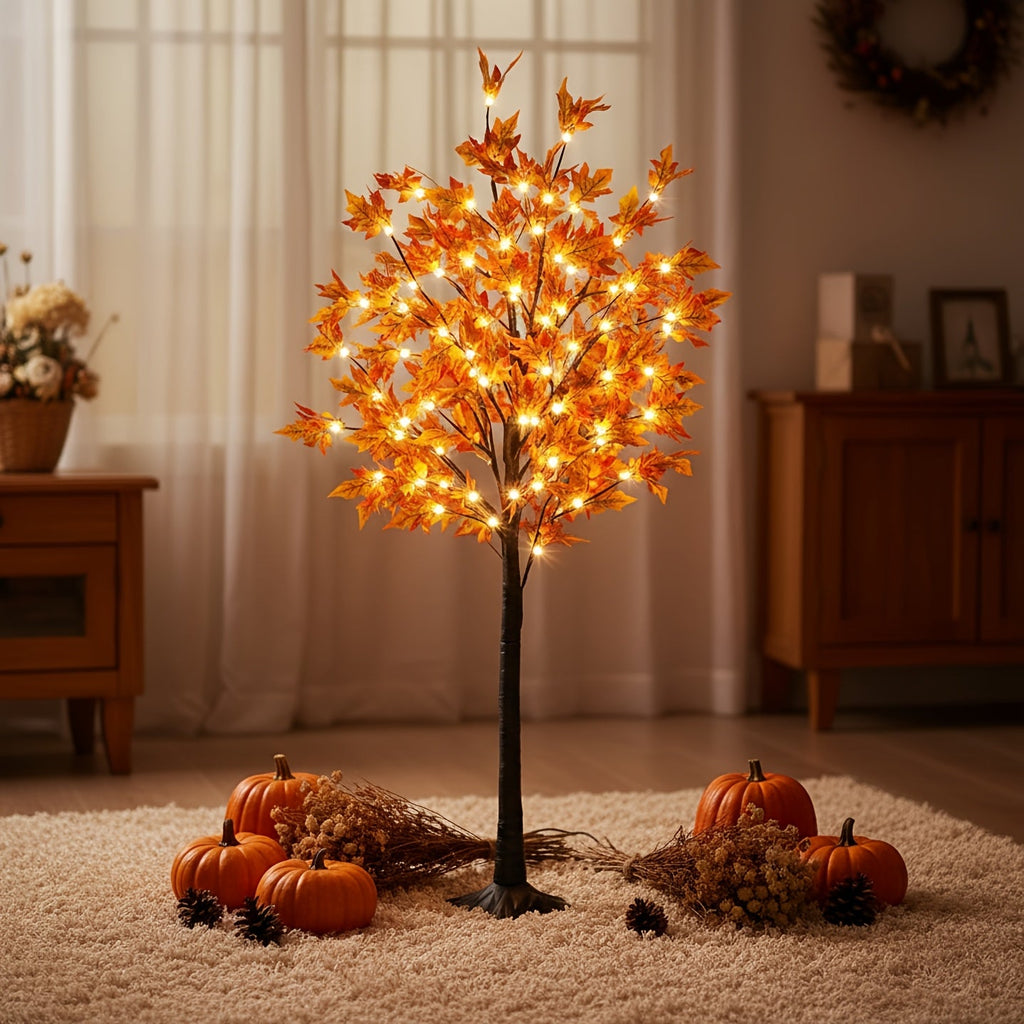 Artificial LED Lighted Fall Maple Tree – 5ft or 6ft Indoor Autumn Tree for Fall Décor, Thanksgiving, Party & Home Decoration, Warm Glowing Faux Maple – Nova Mart