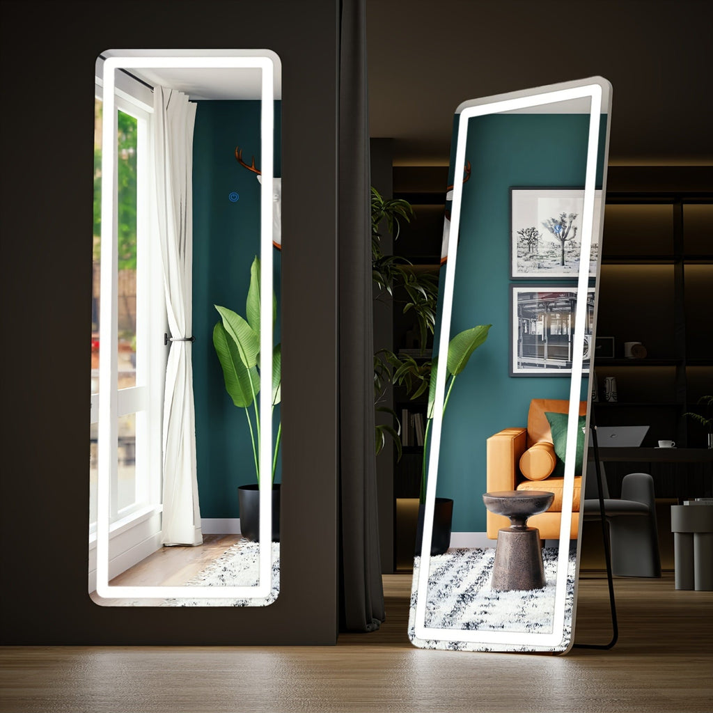 LED Full Length Mirror 64"x21" with Lights, Floor Standing Wall Mirror, Dimmable 3-Color Lighting, Aluminum Alloy Thin Frame, Lighted Body Mirror for Bedroom Dressing Room Makeup, Modern Decor