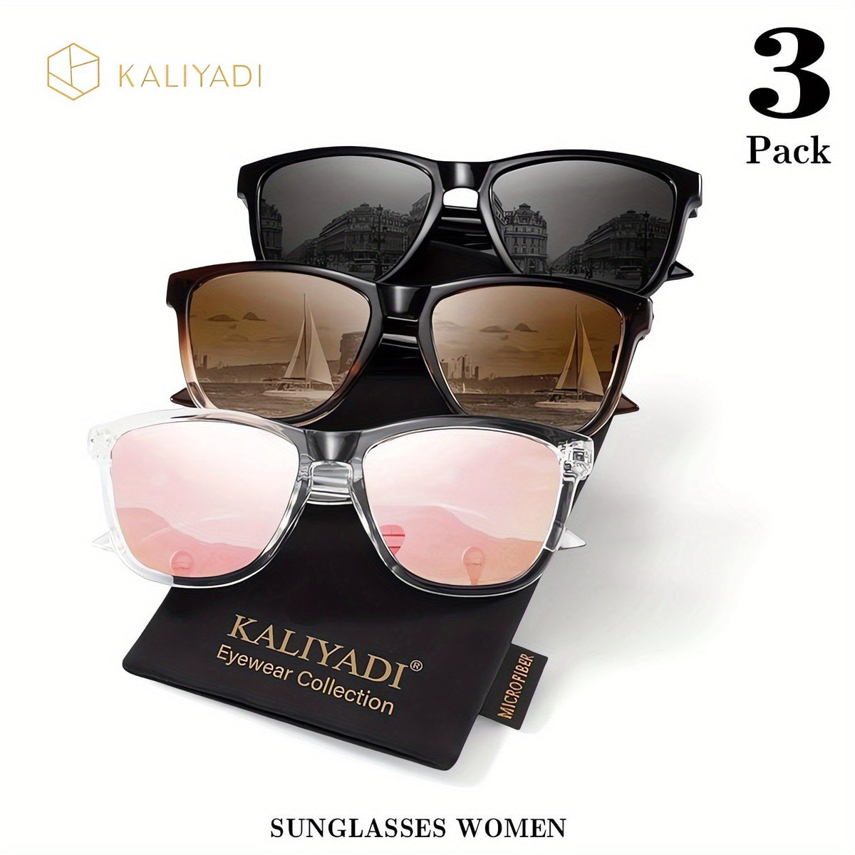 KALIYADI Women's Polarized Sunglasses 3-Pack – Trendy Fashion Shades for Shopping, Street Photography, and Decoration, UV Protection Stylish Eyewear Gift Set in Multiple Color Combinations