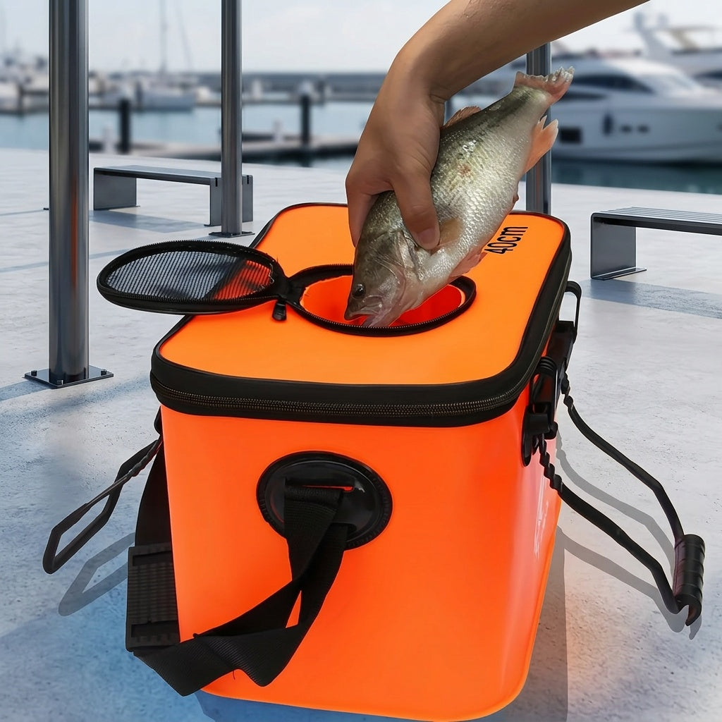 25L Foldable Fishing Bucket, Collapsible EVA Live Fish Bait Container – Portable Multifunctional Outdoor Fish Keeper Bag for Carp & Freshwater Fishing, Gift for Men (Blue/Orange)