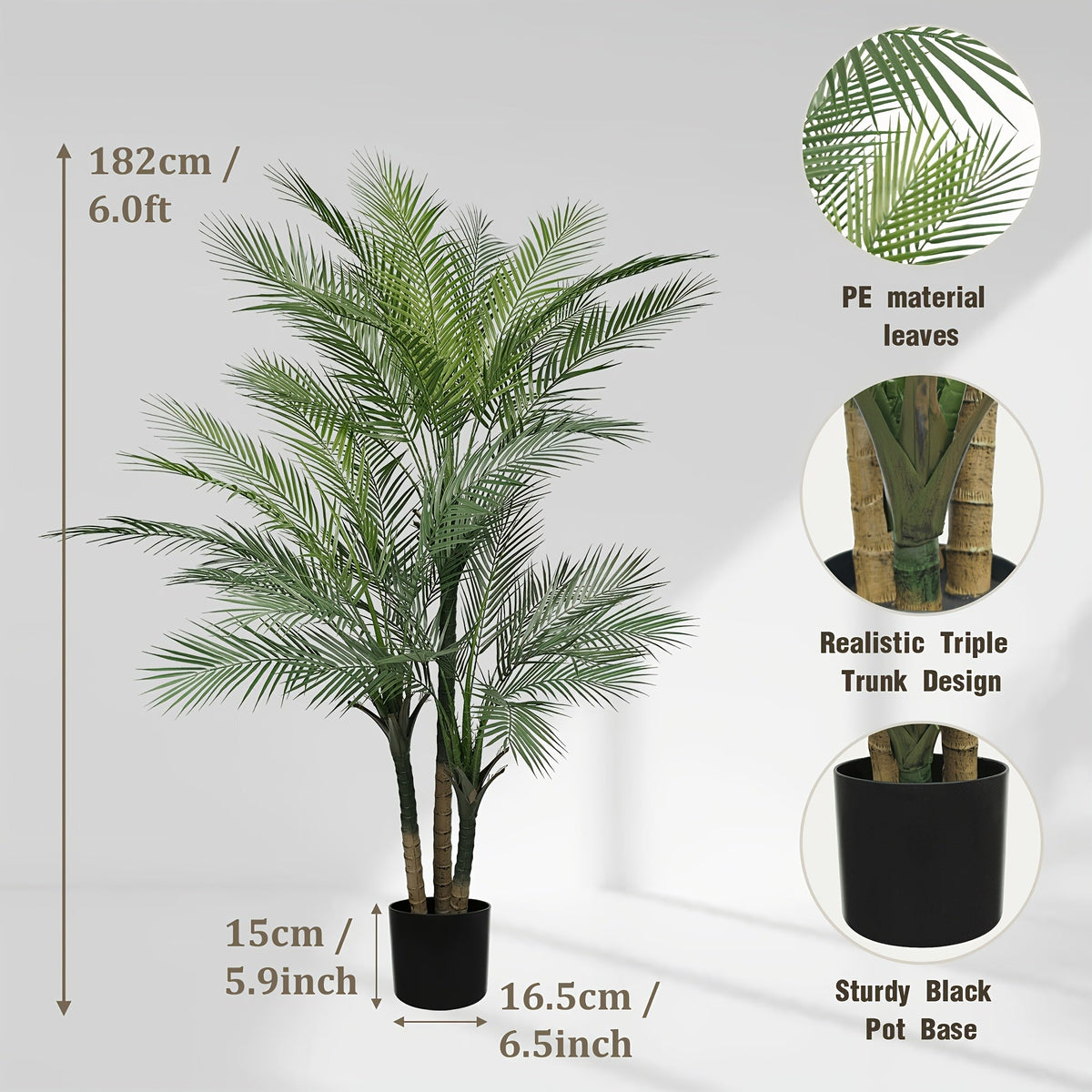 Artificial Palm Tree 4/5/6ft – UV-Resistant Faux Areca Palm with Realistic Dense Leaves & Black or White Planter Option for Living Room Patio Office Commercial Decor