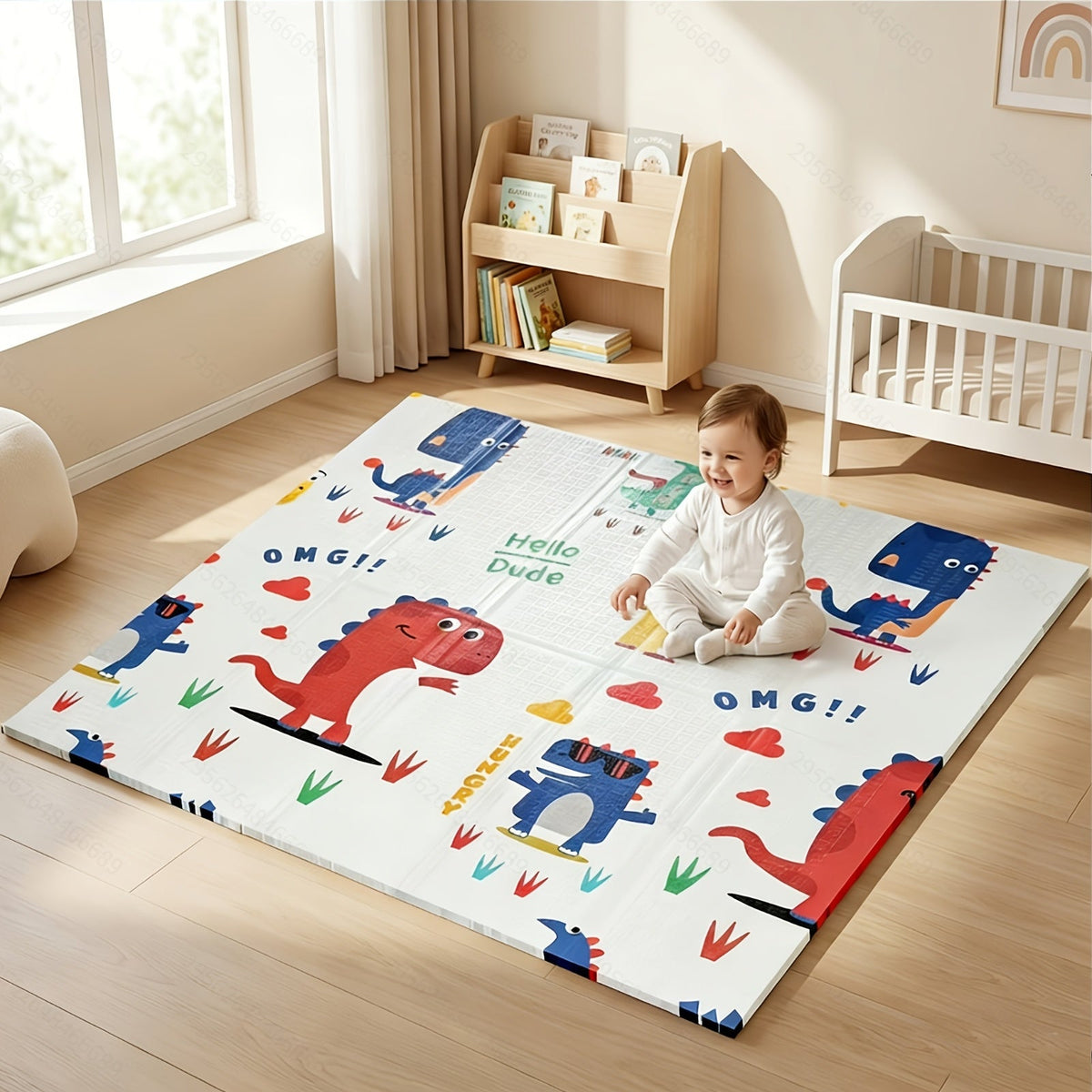 Thickened Baby Crawling Mat, Double-Sided Cute Dinosaur Pattern 47"x47" Floor Play Mat for Infants & Toddlers, Easy to Clean Home Living Room Tummy Time & Crawling Playmat