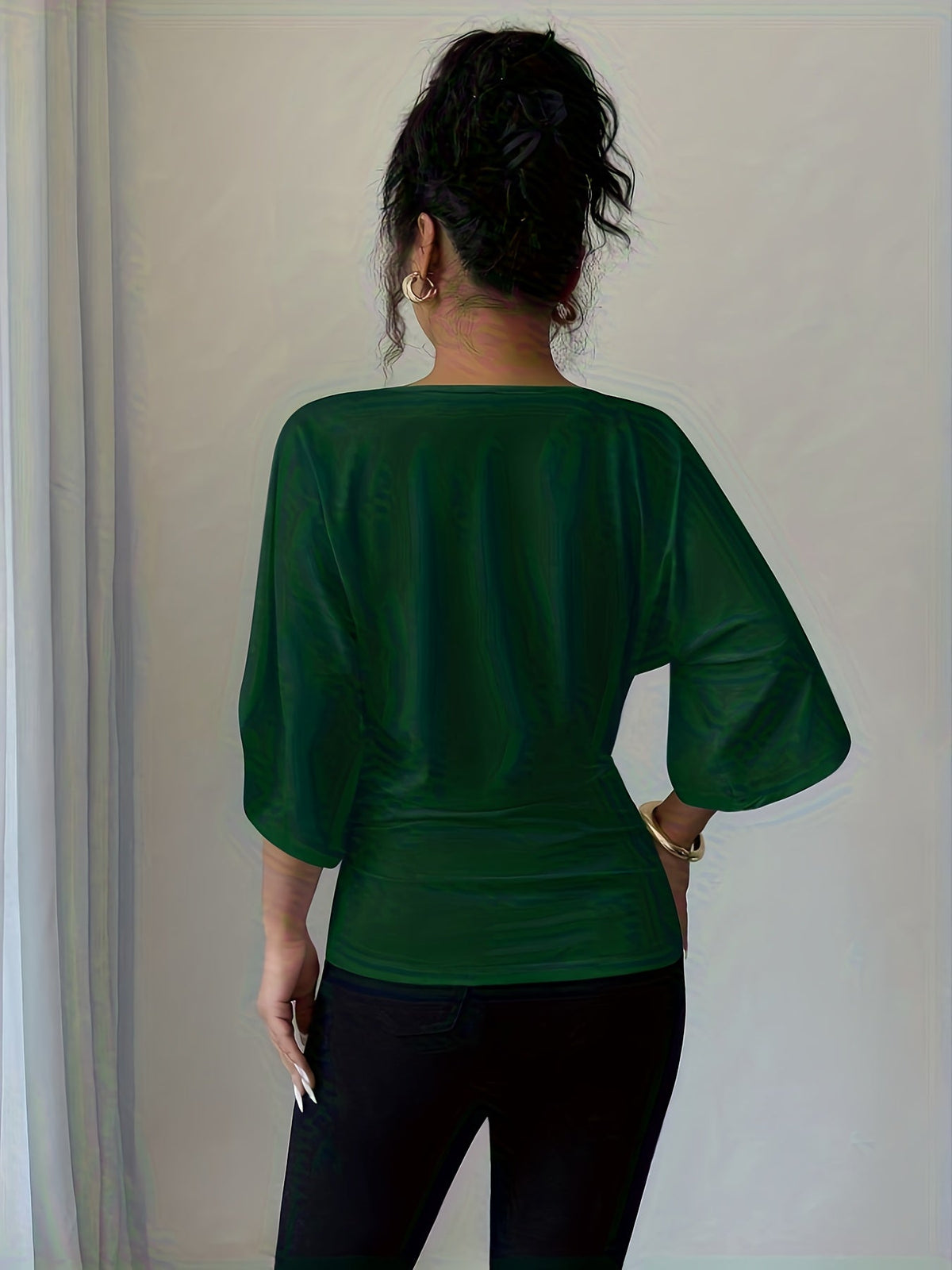 Women's V-Neck Batwing Sleeve Knit Top - Casual Loose Fit Three-Quarter Sleeve High-Waist T-Shirt Blouse for Spring, Summer, and Fall, Versatile Mid-Length Pullover Top, White/Black, Sizes XS-XL