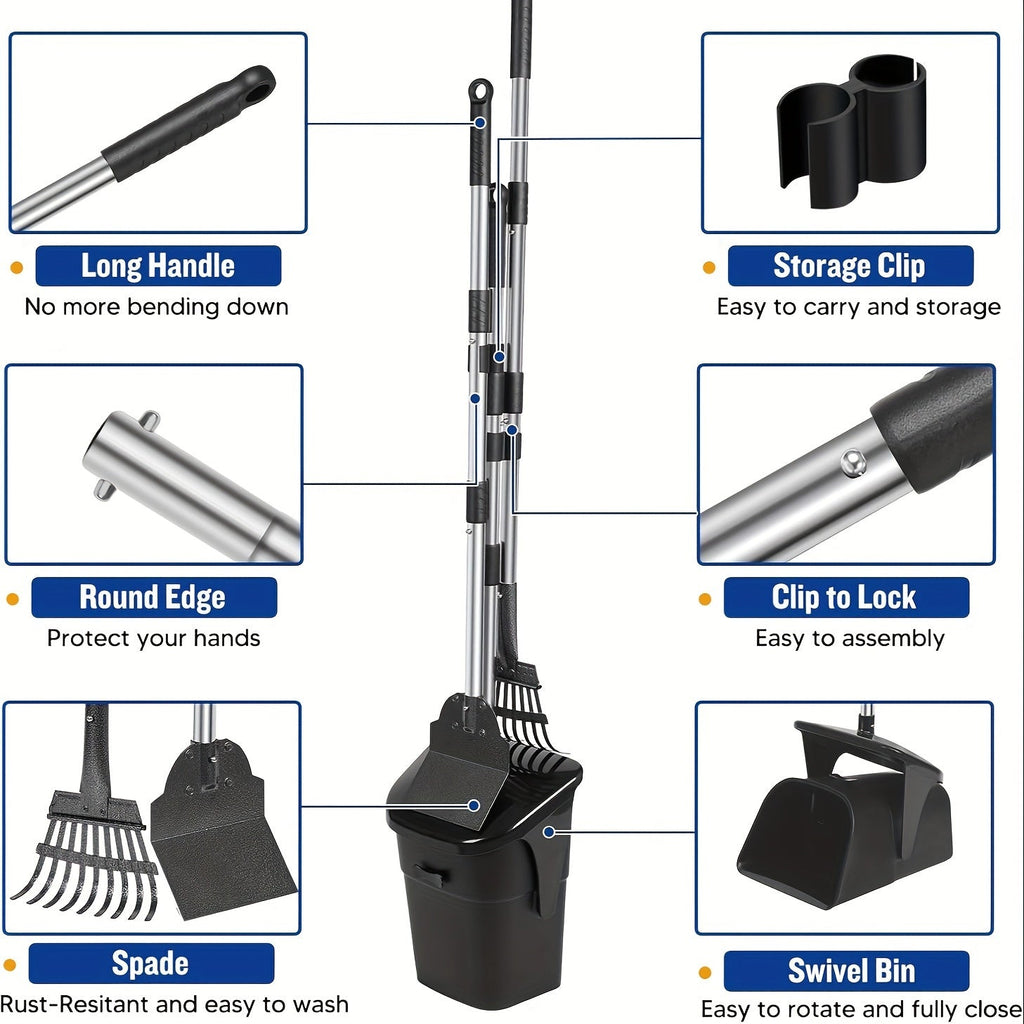 Heavy Duty Dog Pooper Scooper Set with Swivel Bin, Rake & Spade – Long Handle Pet Waste Removal Tool for Grass, Dirt & Gravel, Includes 40 Waste Bags, Great for Large Dogs