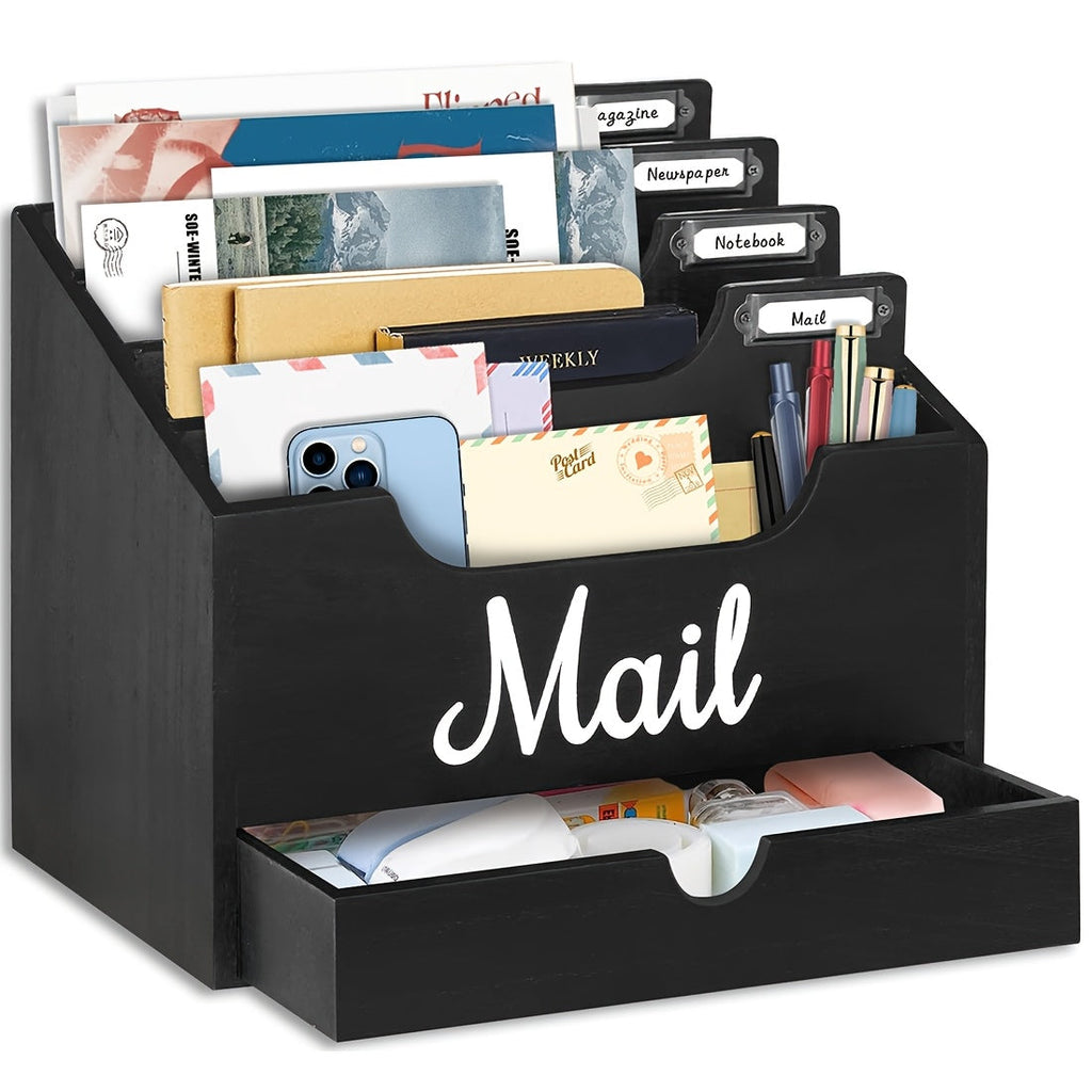 Large Solid Wood Desktop Mail Organizer with Drawer and 4 Compartments, Labelable Dividers for Files, Letters, and Paper Folders, Desk Organizer for Home Office, Students, and Professionals