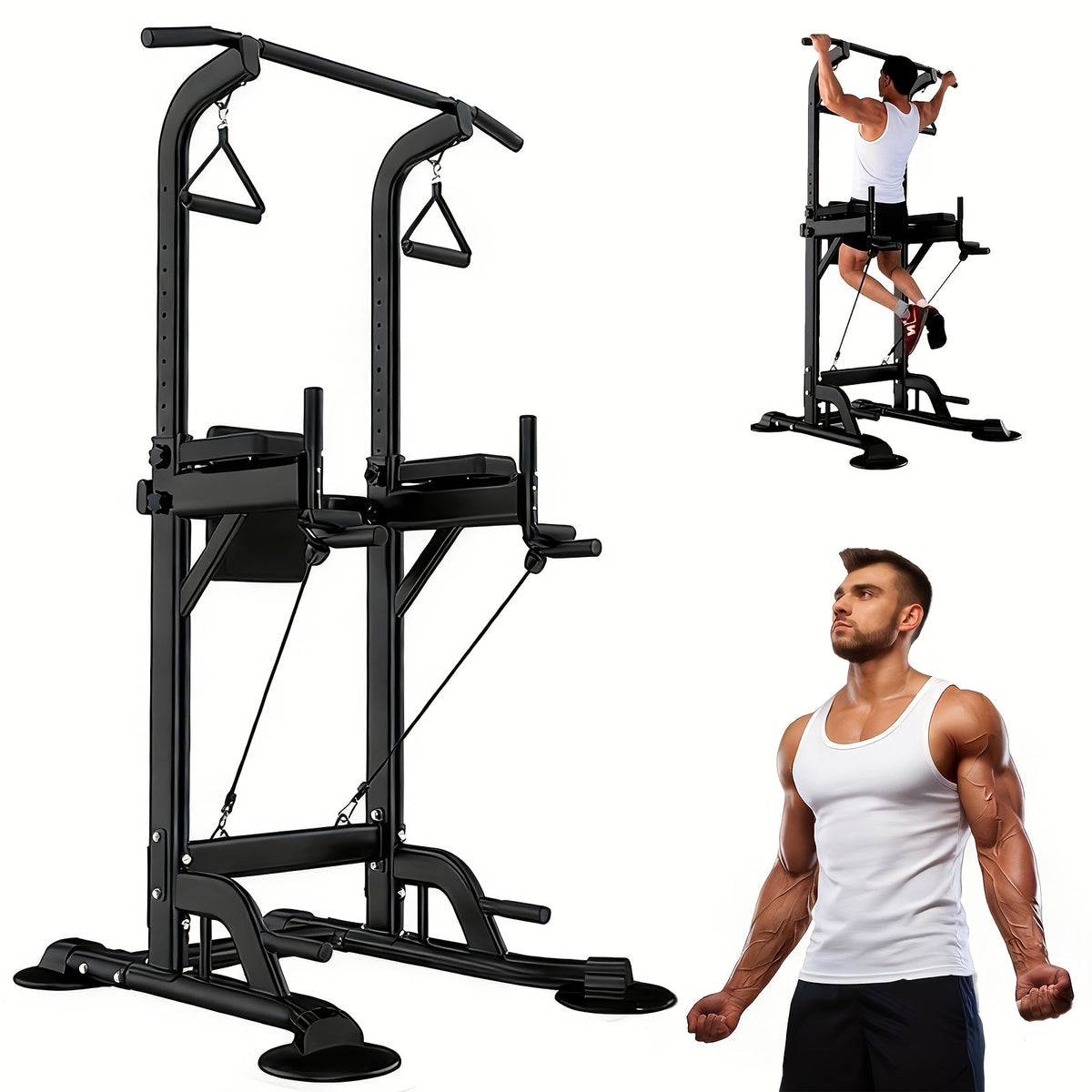 Power Tower Pull Up Bar Dip Station – Adjustable Height 50"-90.6", 330LBS Multi-Function Strength Training Equipment for Men & Women Home Gym, Free Elastic Bands Included