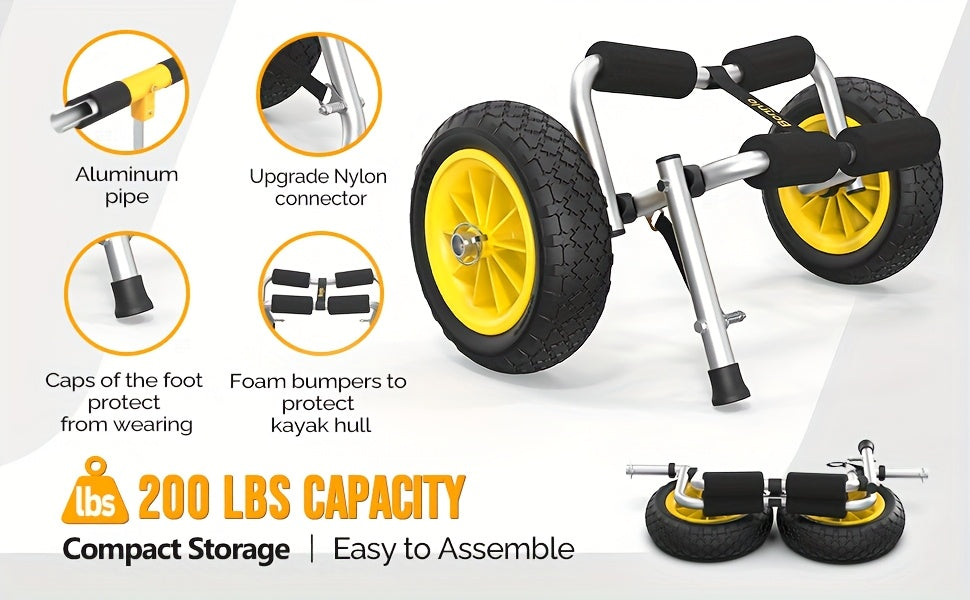 Bonnlo Portable Kayak Trolley Cart, Collapsible Cast Aluminum Alloy with 10" Solid Wheels - Fits Canoes, Paddle Boards, Jon Boats, Float Mats & Watercraft Transport