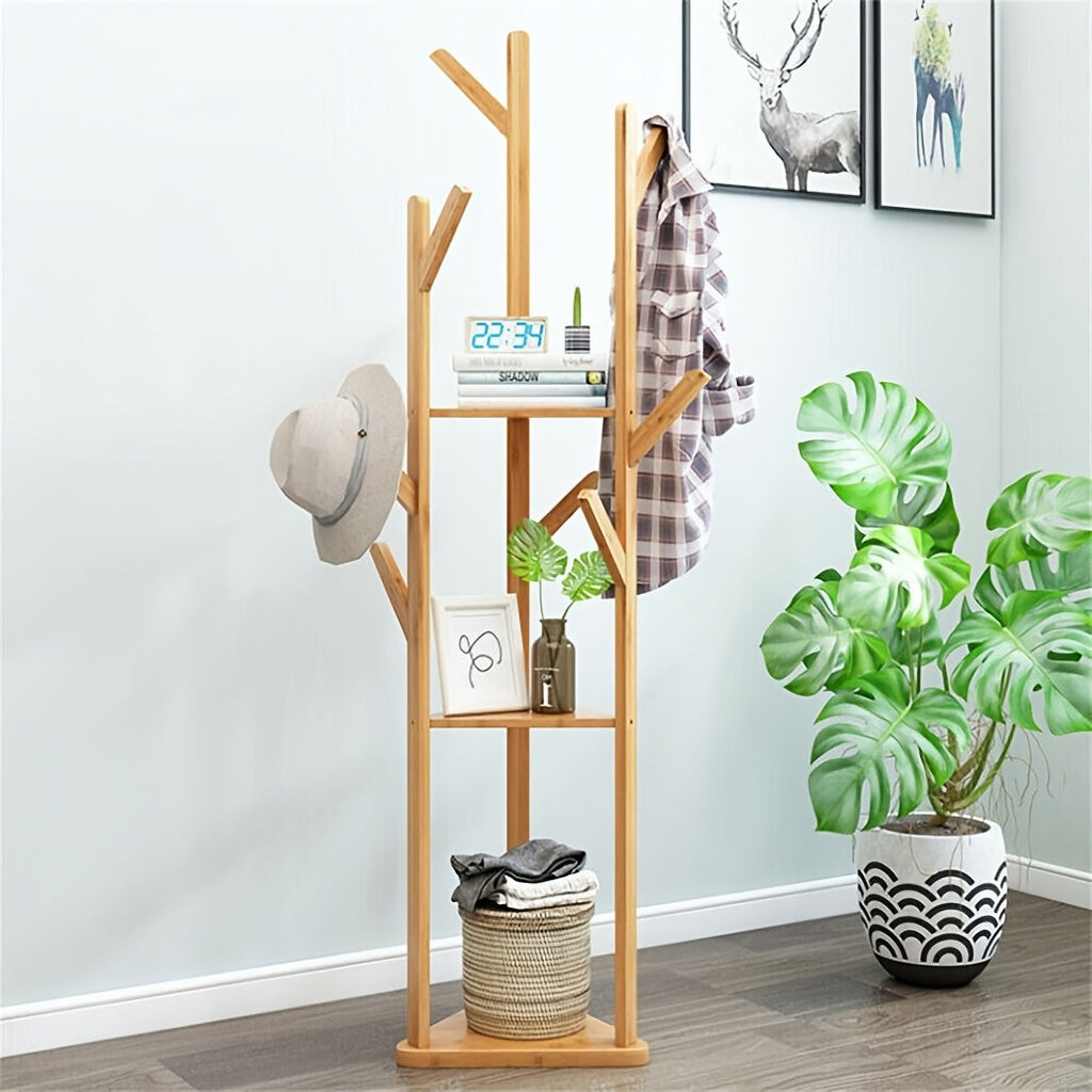 64" Bamboo Coat Rack Freestanding – 9 Hooks & 3 Shelves Entryway Hallway Tree Stand for Clothes Hats Bags & Coats in Natural Bamboo