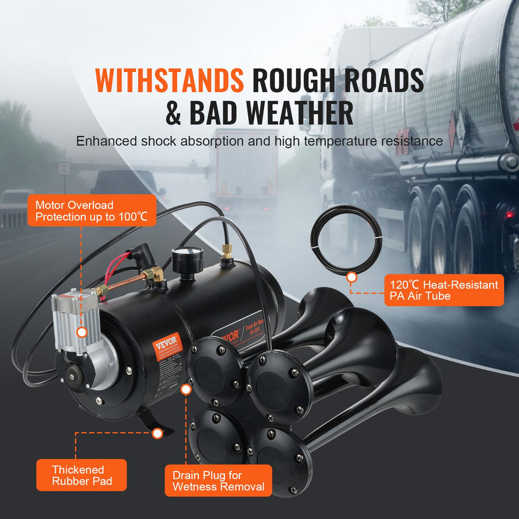 12V Onboard Air Compressor with Tank 90-120 PSI Auto Inflate Stop, 1.6 Gal Steel Tank Kit for Train Air Horn, Tire Inflation & Air Mattress – Universal Truck SUV Fit, Anti-Rust, Shock Absorbing