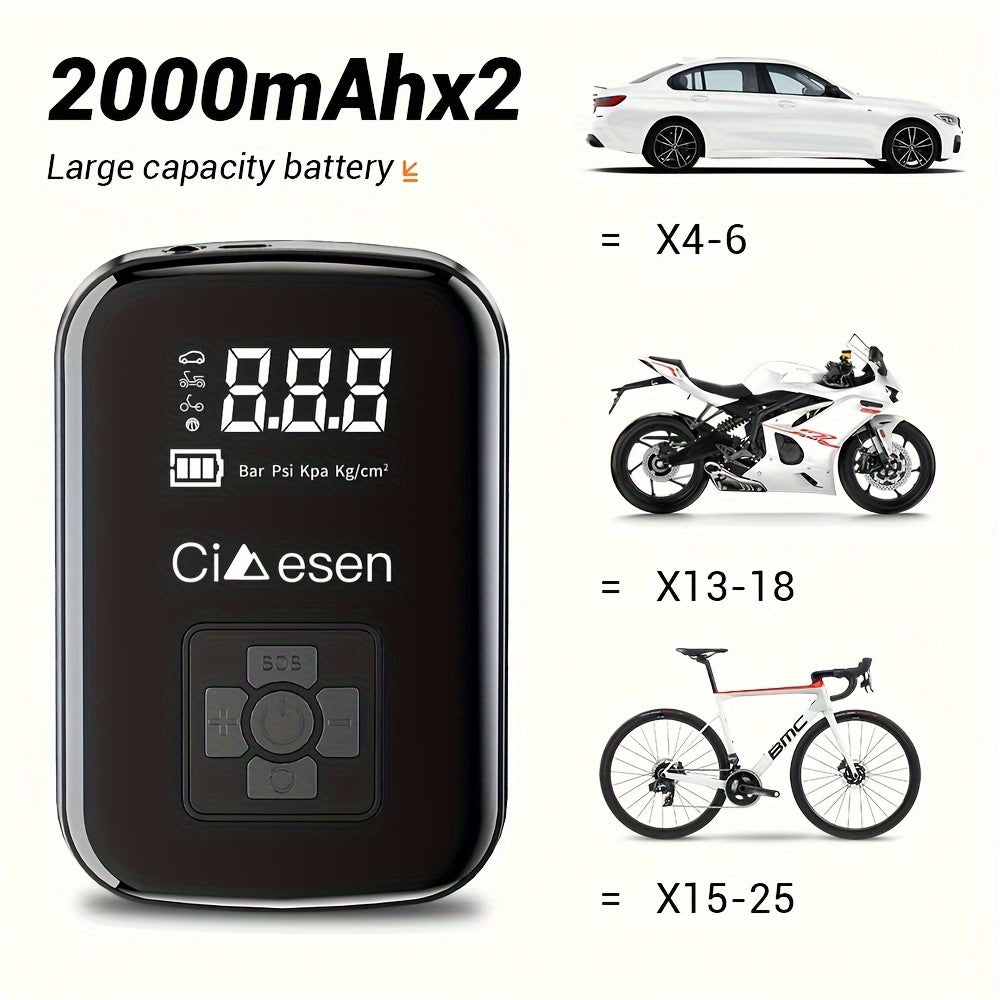 Portable Tire Inflator, 100W Cordless Air Pump, 4000mAh Battery, 30-Second Inflation, 5 Modes, Digital PSI Display, Type-C Charging, LED Light, Multi-Nozzle for Car, Motorcycle, Bicycle, Ball