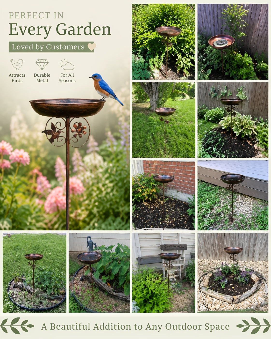 Metal Outdoor Bird Bath and Feeder Set, Sunflower Design, 5-Claw Stake Base, Weather-Resistant Garden Decor for Backyard, Courtyard, Terrace, and Patio