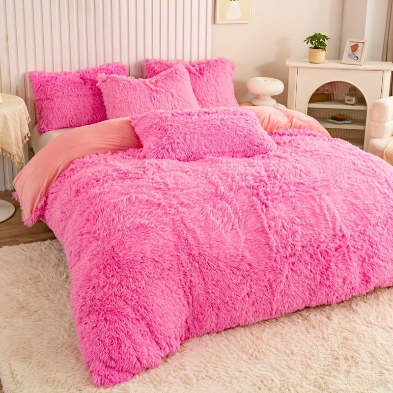 Plush Duvet Cover Set 3 Piece, Long Hair Knitted Polyester, Solid Color Fuzzy Comforter Cover with Zipper Closure, All-Season Soft Cozy Bedding Set for Bedroom, Multiple Colors Available