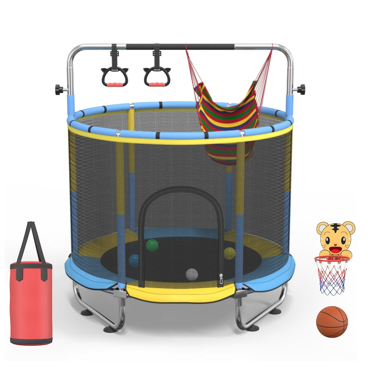 Kids & Adults Trampoline with Safety Enclosure Net, Multi-Functional Leisure Sports Trampoline, Indoor/Outdoor Backyard Jumping Mat, 6 Color Options, Fun Exercise Equipment for Family