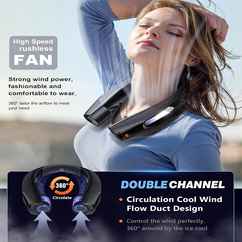 Portable Neck Fan Hands-Free Wearable Personal Fan, 3000mAh USB Rechargeable, 6 Adjustable Speeds, 5-Blade Bladeless-Style Cooling Fan for Home, Office, Outdoor, Camping, and Travel – Black & White