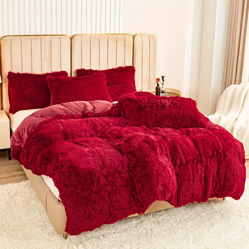 Plush Duvet Cover Set 3 Piece, Long Hair Knitted Polyester, Solid Color Fuzzy Comforter Cover with Zipper Closure, All-Season Soft Cozy Bedding Set for Bedroom, Multiple Colors Available