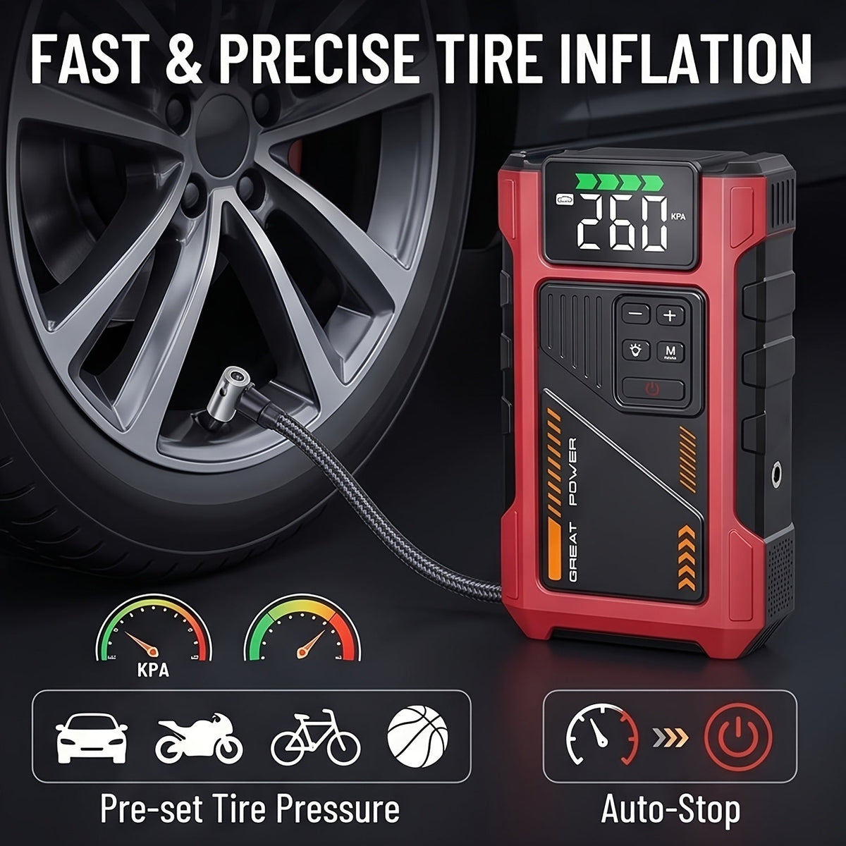 9-in-1 Portable Jump Starter with Air Compressor for 12V Vehicles (Up to 8.0L Gas / 6.5L Diesel) – Battery Booster Pack with Tire Inflator, USB Power Bank, LED Emergency Light & Roadside Kit