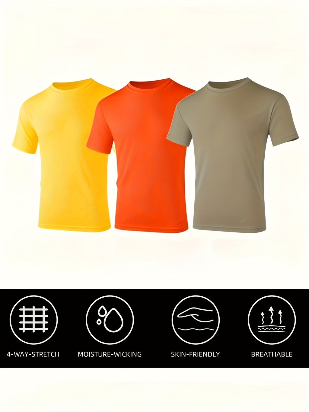 Men's UPF 50+ Quick-Dry T-Shirts 3-Pack – Moisture-Wicking Crew Neck Short Sleeve Athletic Tees Khaki Orange Yellow S-3XL for Swimming, Beach, Outdoor Sports, Fishing, and Hiking