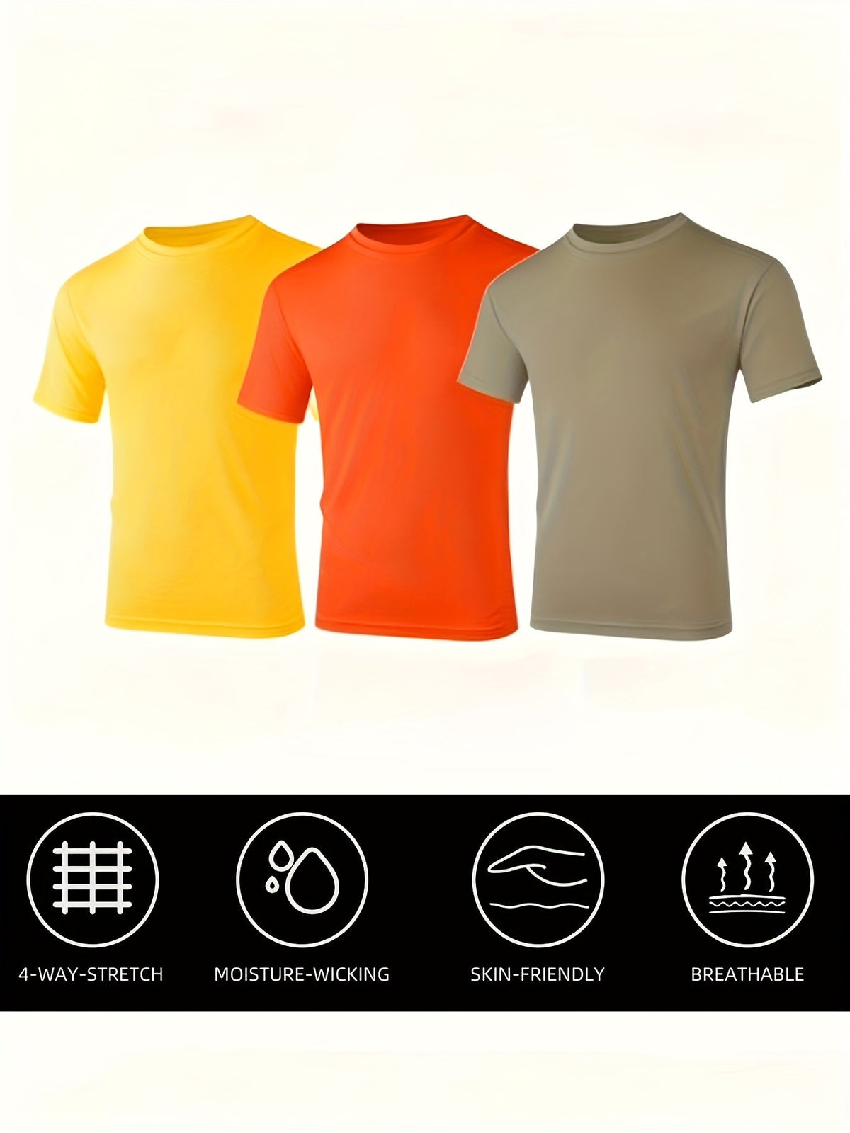 Men's UPF 50+ Quick-Dry T-Shirts 3-Pack – Moisture-Wicking Crew Neck Short Sleeve Athletic Tees Khaki Orange Yellow S-3XL for Swimming, Beach, Outdoor Sports, Fishing, and Hiking