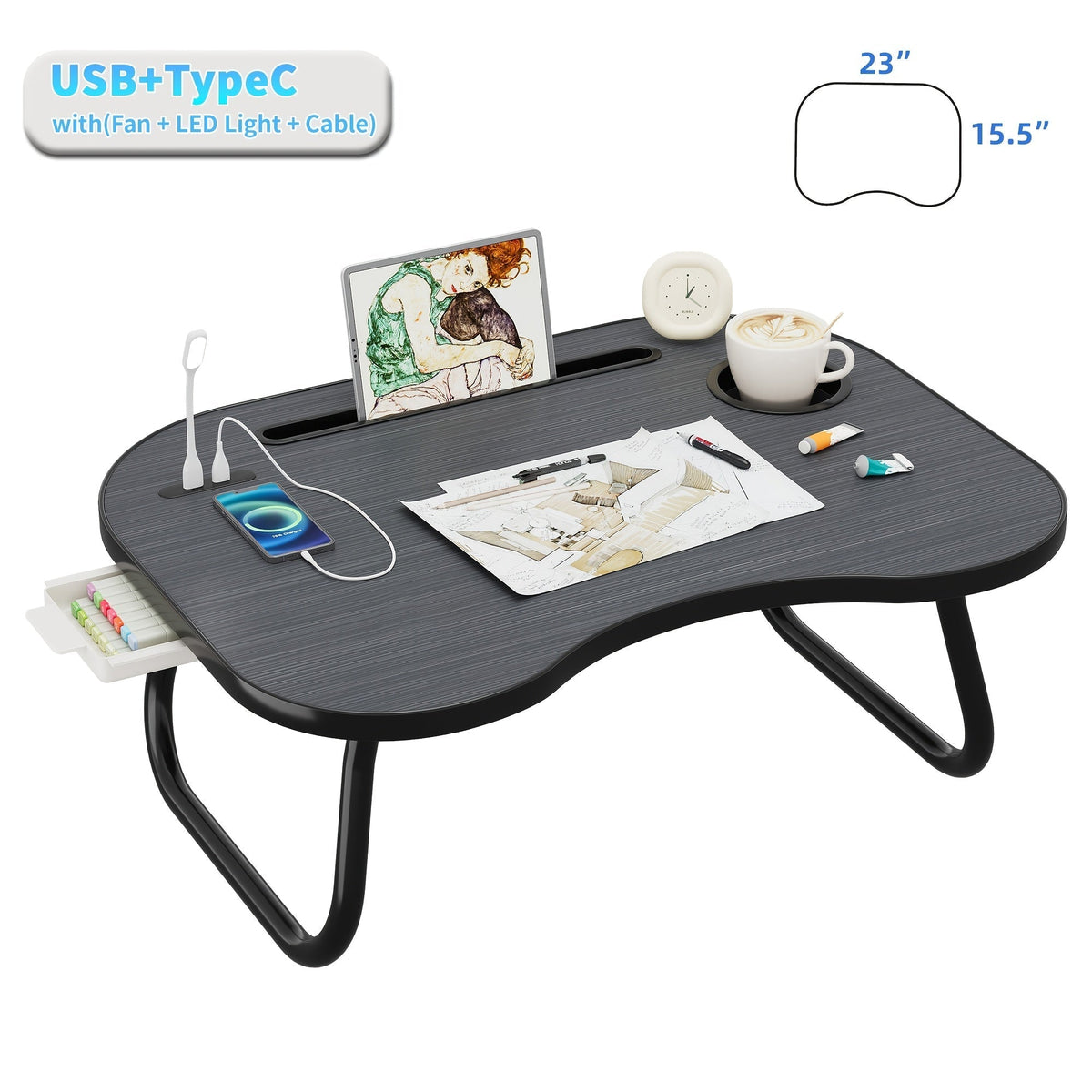 Laptop Desk with USB Port, Storage Drawer & Cup Holder – Walnut Wood Bed Tray Table for Eating, Writing, Sofa, Couch, Adults, and Students