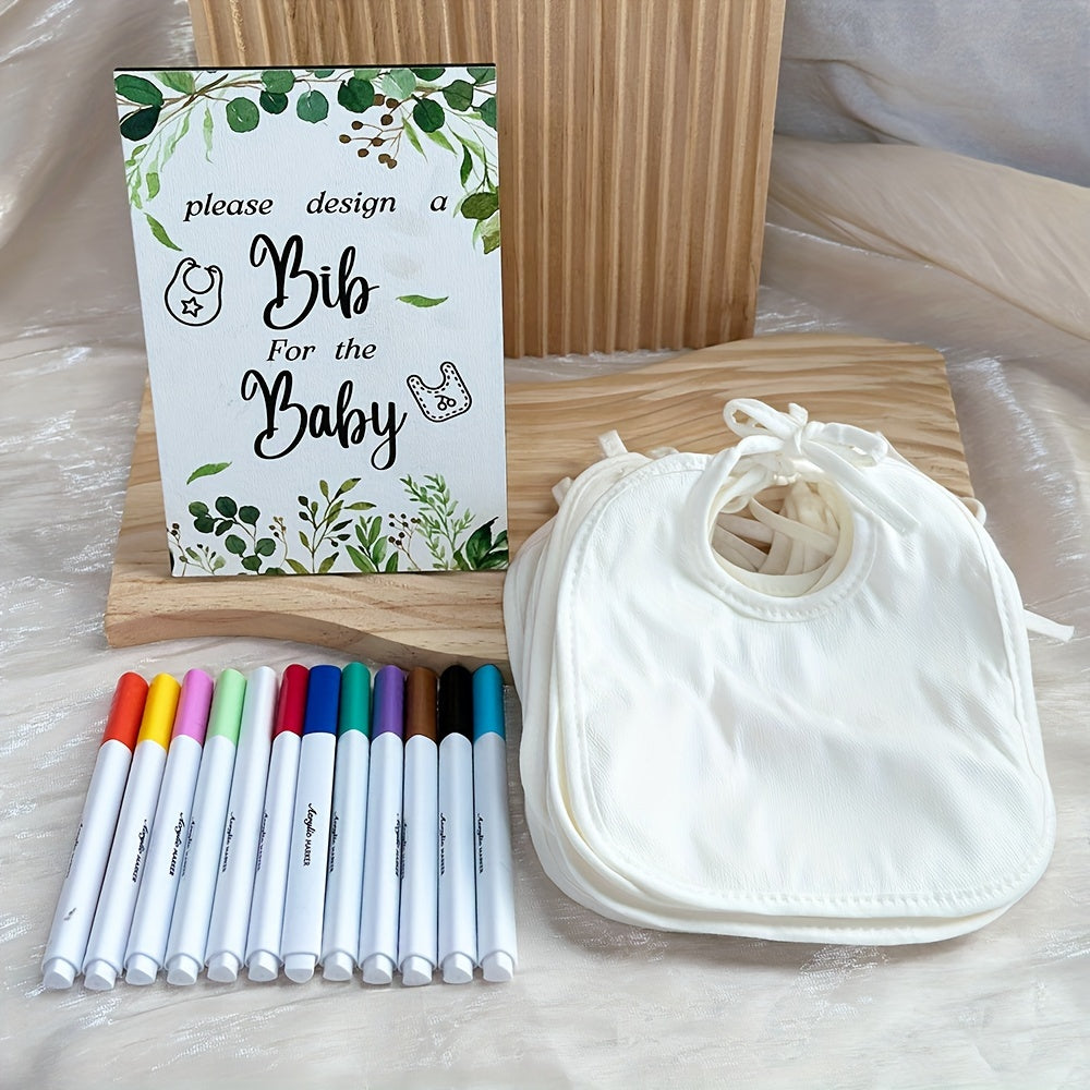 23-Piece Baby Shower Games Kit, Blank Bib Decoration Activity Set with 1 Sign Board 12 Pens & 10 White Bibs, Fun Party Game for Baby Showers Gender Reveal Parties & Celebration Decorations