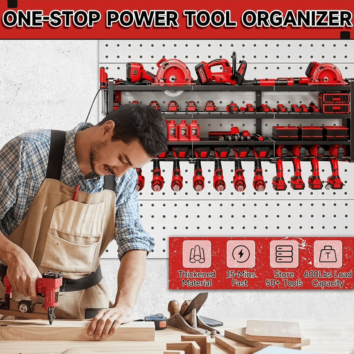 50" Wall Mount Power Tool Organizer, 600 lbs Capacity, 4-Tier Heavy Duty, Holds 12 Cordless Drills, Battery Tool Storage Rack, for Garage, Shed, Workbench & Workshop
