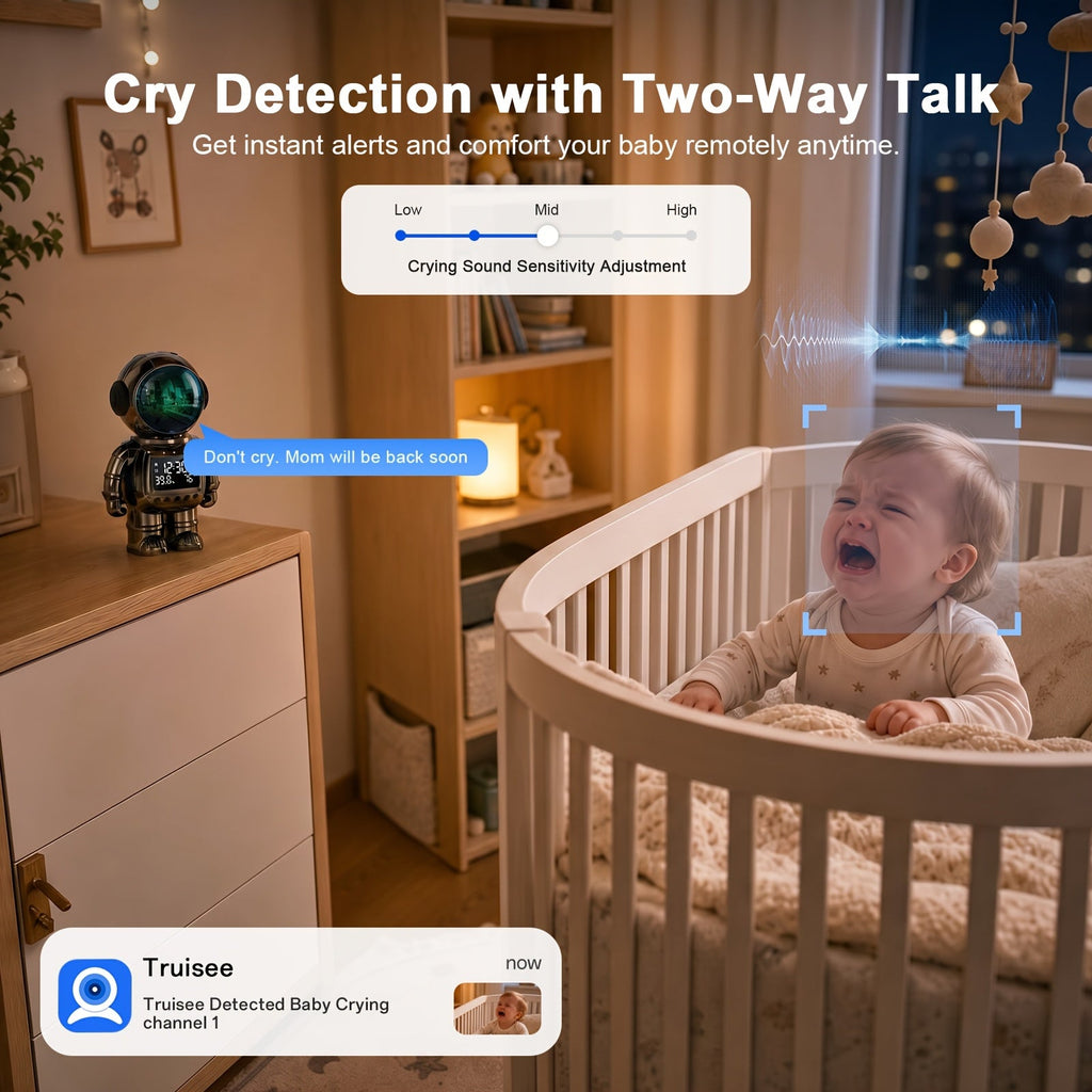 3MP WiFi Robotic Security Camera 360° Auto Tracking Night Vision Two-Way Audio Motion Alert USB Powered App Control for Pet Baby & Home Monitor – AI Silvery Astronaut