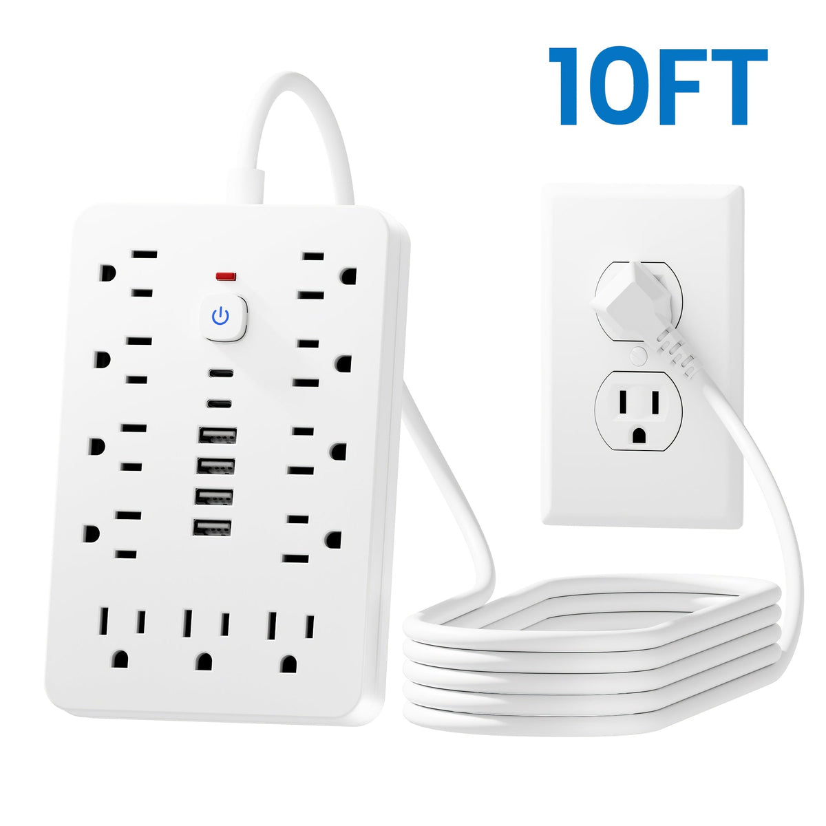 防雷防涌排插 11个AC插孔 | 4个USB-A & 2个USB-C端口，过载保护，短线/5英尺/10英尺延长线 – 家用、办公、桌面及校园多插口电源排插 – 白色 & 黑色