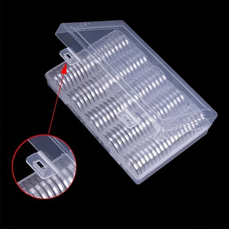 100-Pack Clear Coin Capsules, Transparent Collection Storage Boxes with Secure Snap Lid – Multi-Compartment Organizer for Coins, Souvenirs, Small Collectibles & Hobby Items