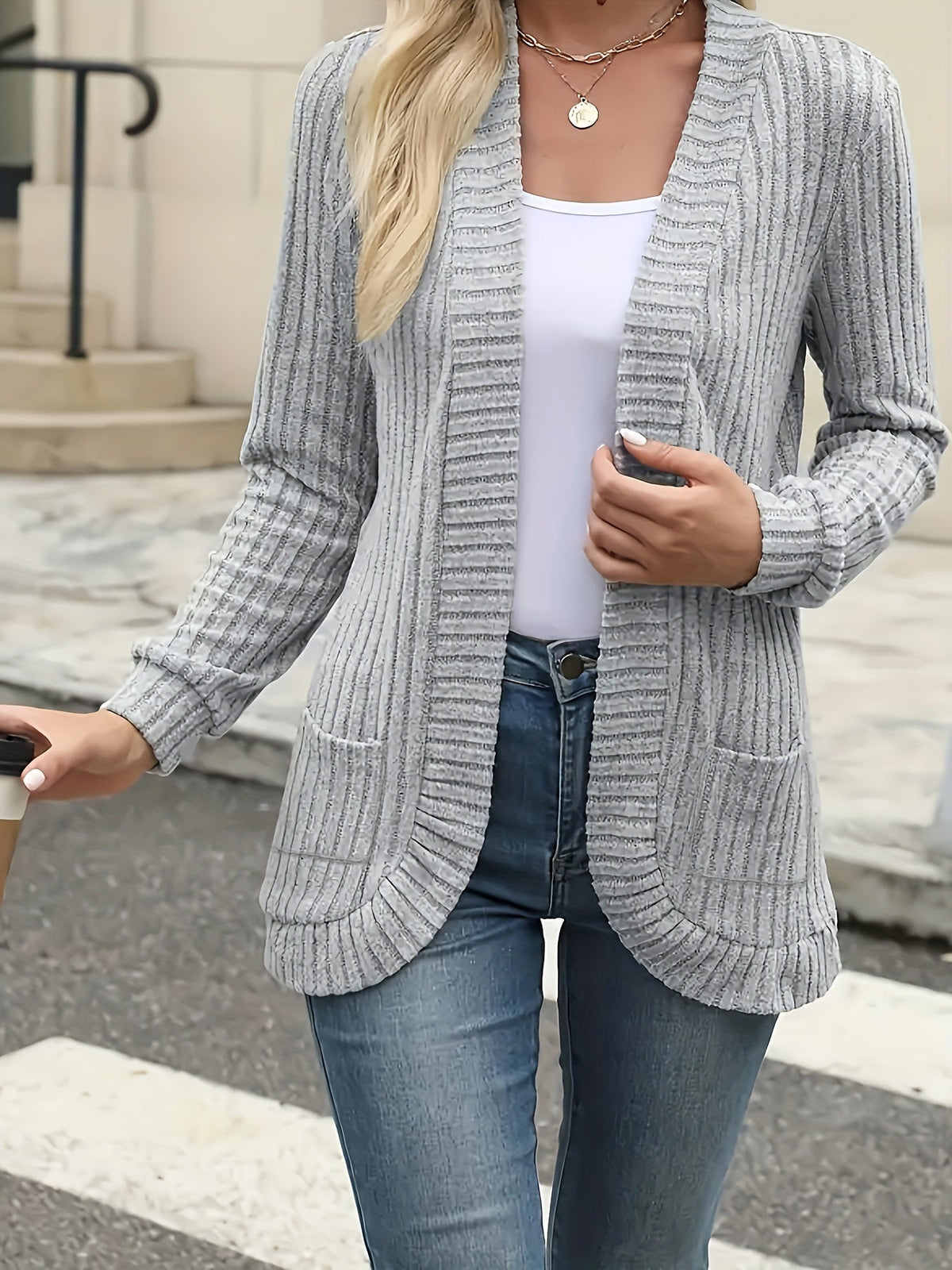 Women's Elegant Open Front Cardigan Long Sleeve Pleated Solid Color Sweater - Soft Suede-Feel Layering Piece for Fall Winter Office Casual Daily Wear