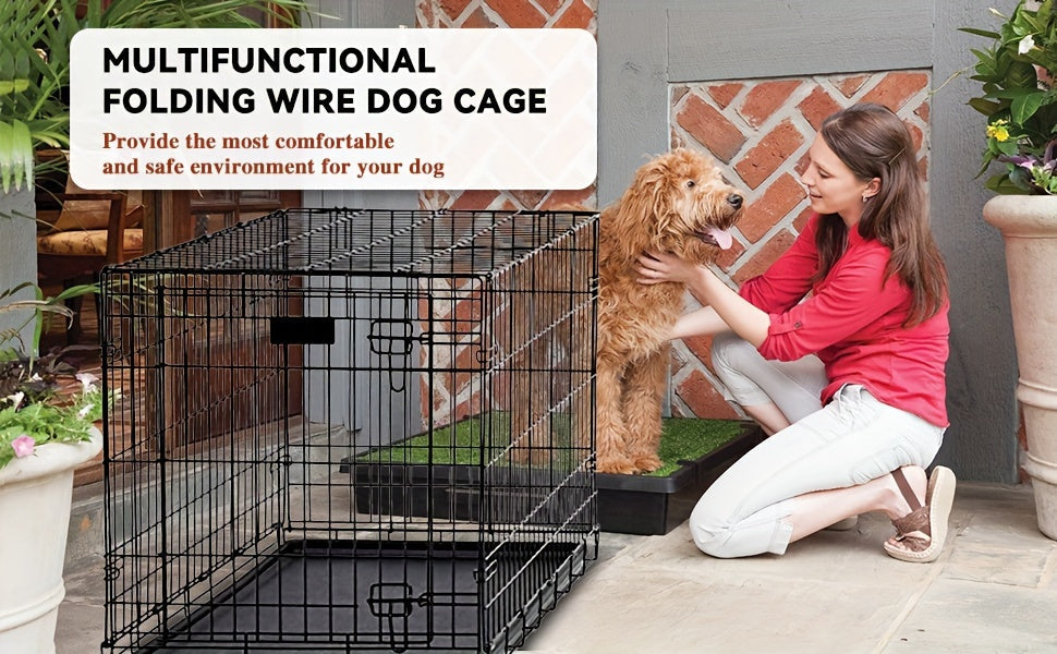 Double Door Folding Metal Dog Crate 42 48 Inch with Divider, Leak-Proof Tray, High-Temp Paint Finish, Wire Kennel for Medium to Large Dogs, Indoor/Outdoor, Black/Blue/Pink