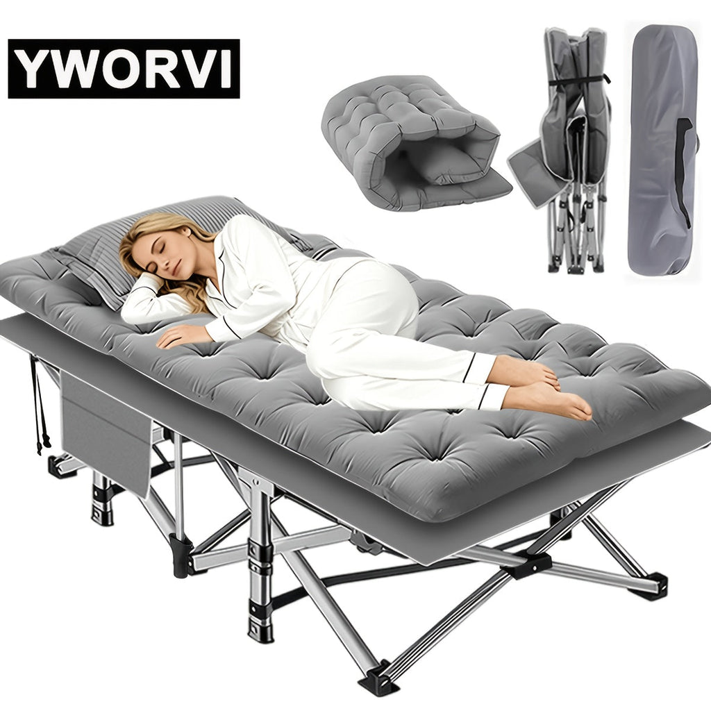 Folding Camping Bed with Mattress & Side Pockets – Heavy Duty Portable Cot for Adults, Foldable Guest Bed for Camping, Outdoor, Courtyard, Terrace, Office, and Guest Room