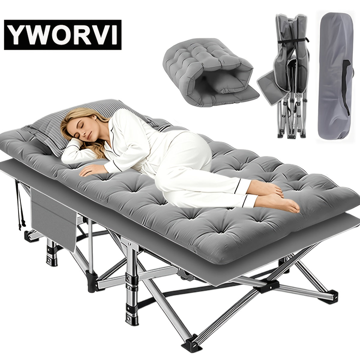 Folding Camping Bed with Mattress & Side Pockets – Heavy Duty Portable Cot for Adults, Foldable Guest Bed for Camping, Outdoor, Courtyard, Terrace, Office, and Guest Room