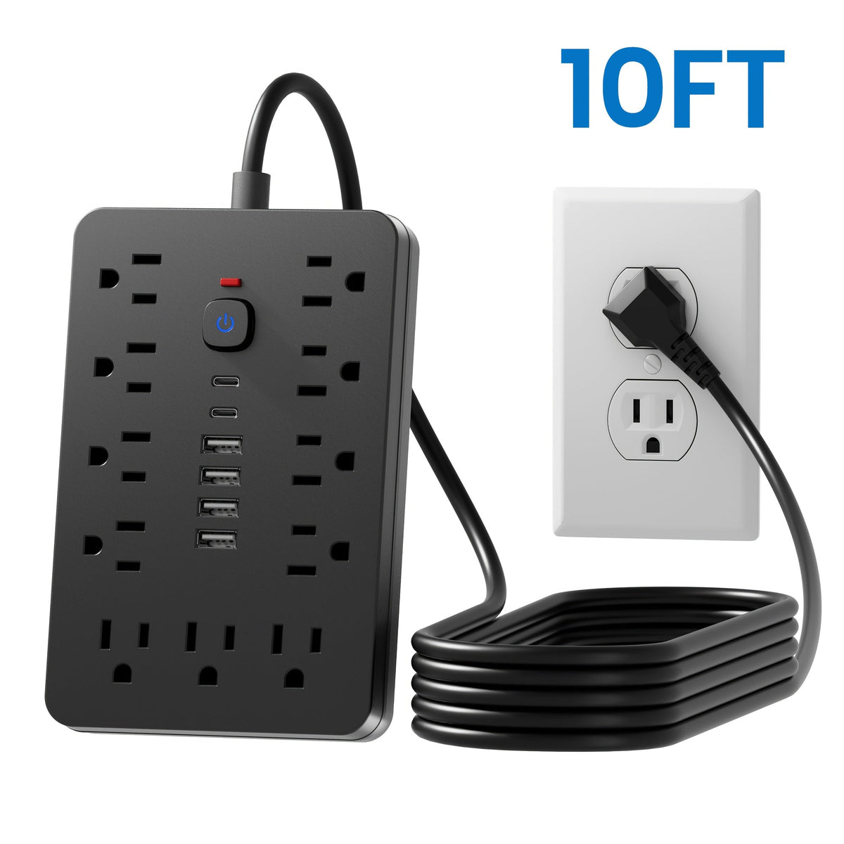 防雷防涌排插 11个AC插孔 | 4个USB-A & 2个USB-C端口，过载保护，短线/5英尺/10英尺延长线 – 家用、办公、桌面及校园多插口电源排插 – 白色 & 黑色