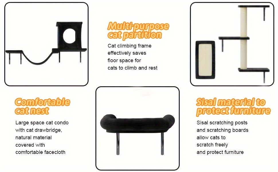 7-Piece Wall-Mounted Cat Climbing Shelf Set – Deluxe Indoor Cat Furniture with Cat Condo, Wall Shelves, Scratching Post, Bridge Ladder & Tunnel, Space-Saving Cat Wall Playground for All Cat Sizes
