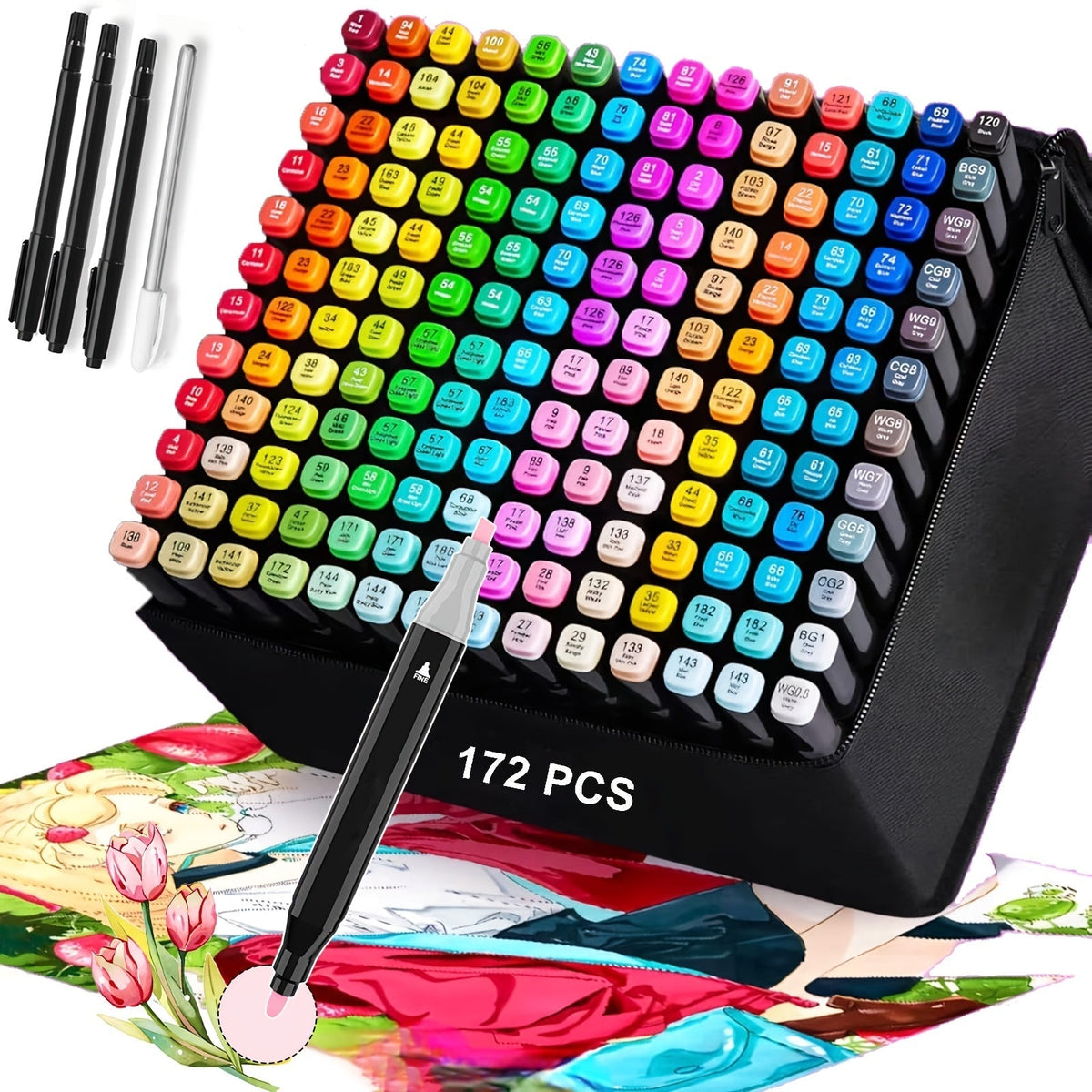 172pcs Artist Marker Pen Set, Dual Tips Chisel & Fine Sketch Art Markers for Adult Drawing, Coloring, Painting, Blending, Sketching, Greeting Cards, Art Supplies Kit, Gift for Artists