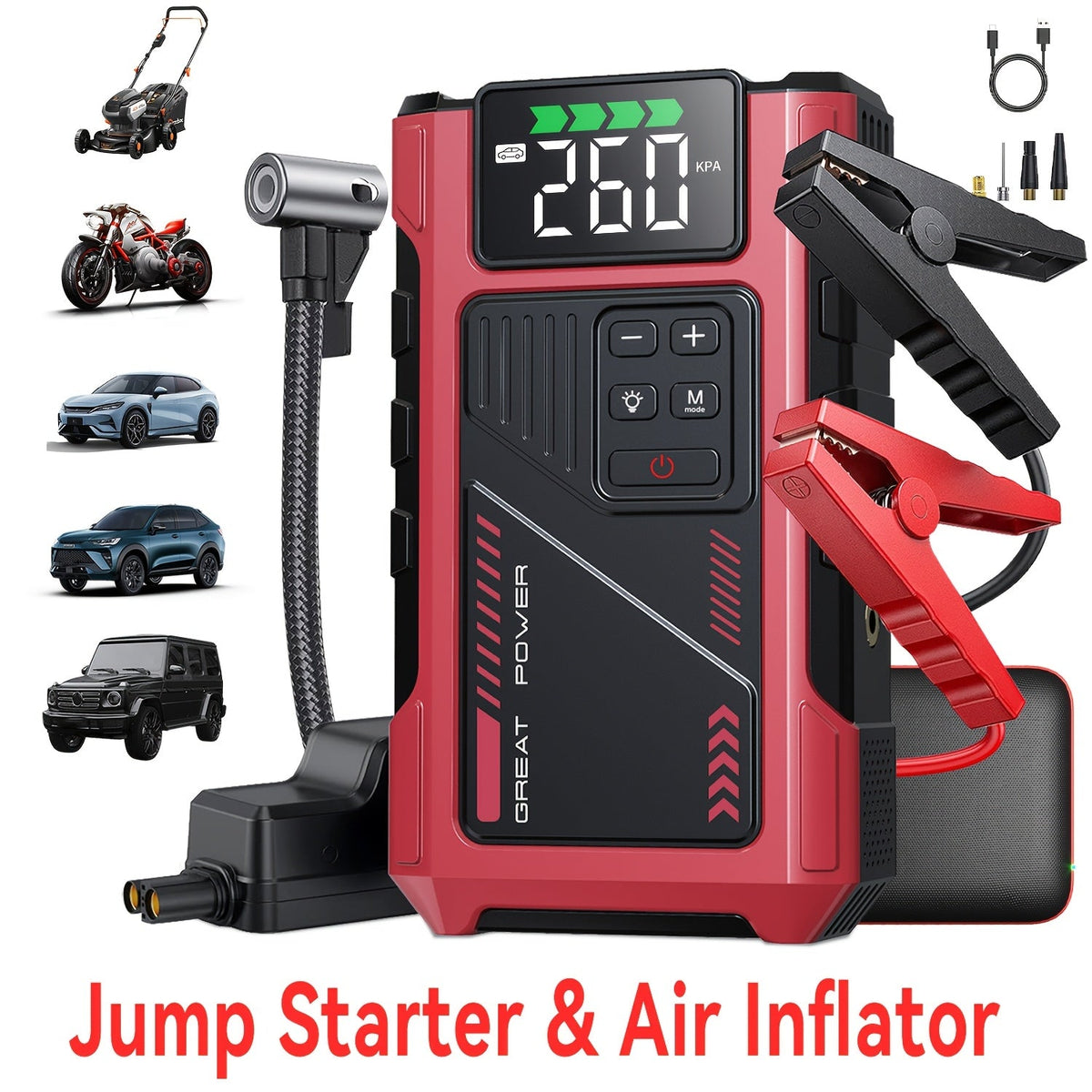 9-in-1 Portable Jump Starter with Air Compressor for 12V Vehicles (Up to 8.0L Gas / 6.5L Diesel) – Battery Booster Pack with Tire Inflator, USB Power Bank, LED Emergency Light & Roadside Kit