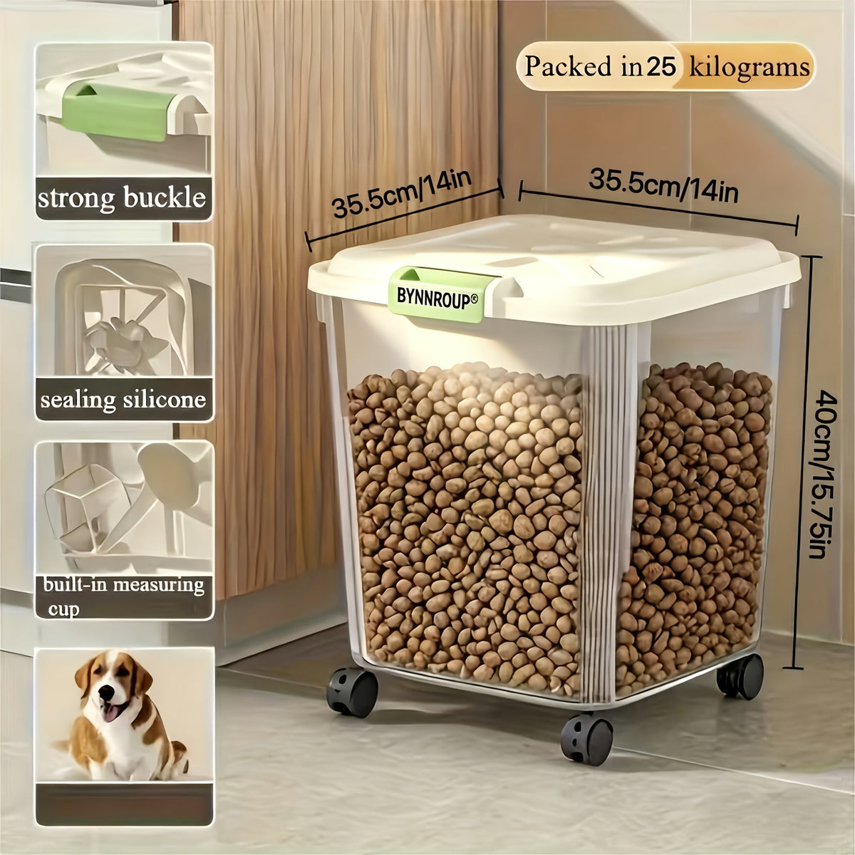 Pet Food Storage Container with Locking Lid & Scoop – Moisture-Proof Airtight Bin 6-55 lbs, Optional Wheels & Cute Sticker, Large Capacity for Cat & Dog Food, Grains, and Flour