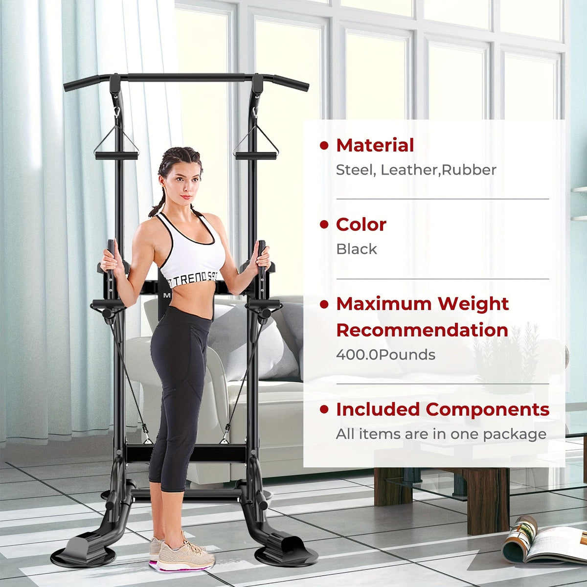 Power Tower Pull Up Bar Dip Station – Adjustable Height 50"-90.6", 330LBS Multi-Function Strength Training Equipment for Men & Women Home Gym, Free Elastic Bands Included