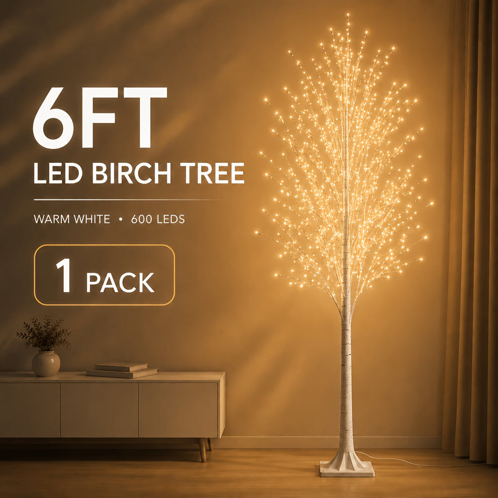 6FT 600 LED Warm White Artificial Birch Tree Floor Lamp Flexible Branches Hand-Wrapped Bark Trunk Plug-In for Living Room Christmas Wedding & Home Decor