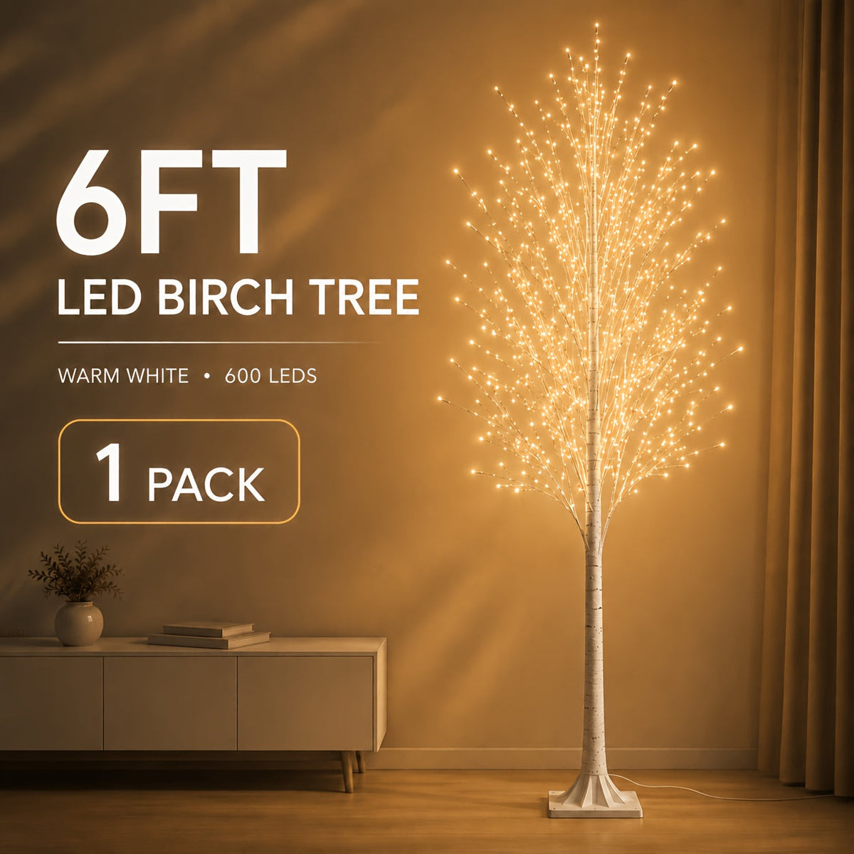 6FT 600 LED Warm White Artificial Birch Tree Floor Lamp Flexible Branches Hand-Wrapped Bark Trunk Plug-In for Living Room Christmas Wedding & Home Decor