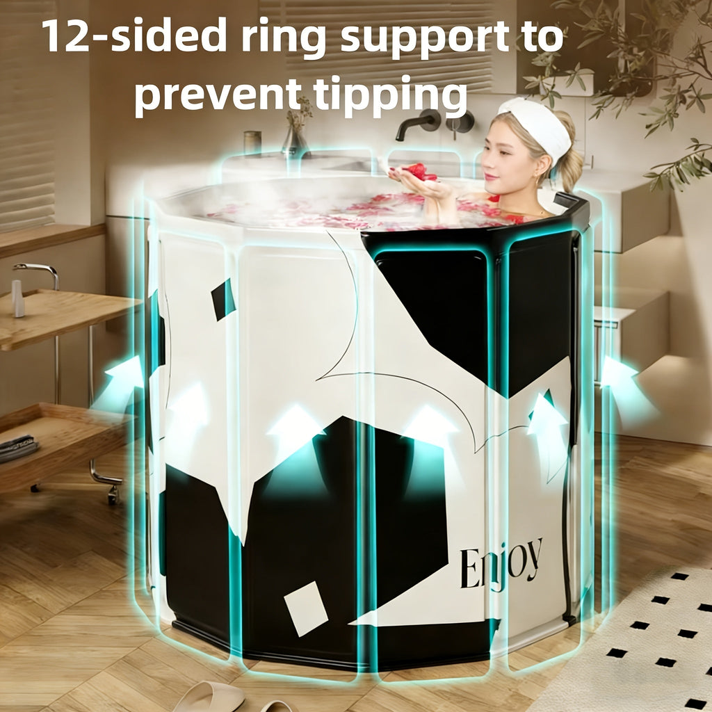Foldable Adult Soaking Tub - Hot & Cold Full Body Bath Barrel with Pillow & Drain Hose, Non-Slip Base, Portable Space-Saving for Home Travel Small Spaces - Cow Print