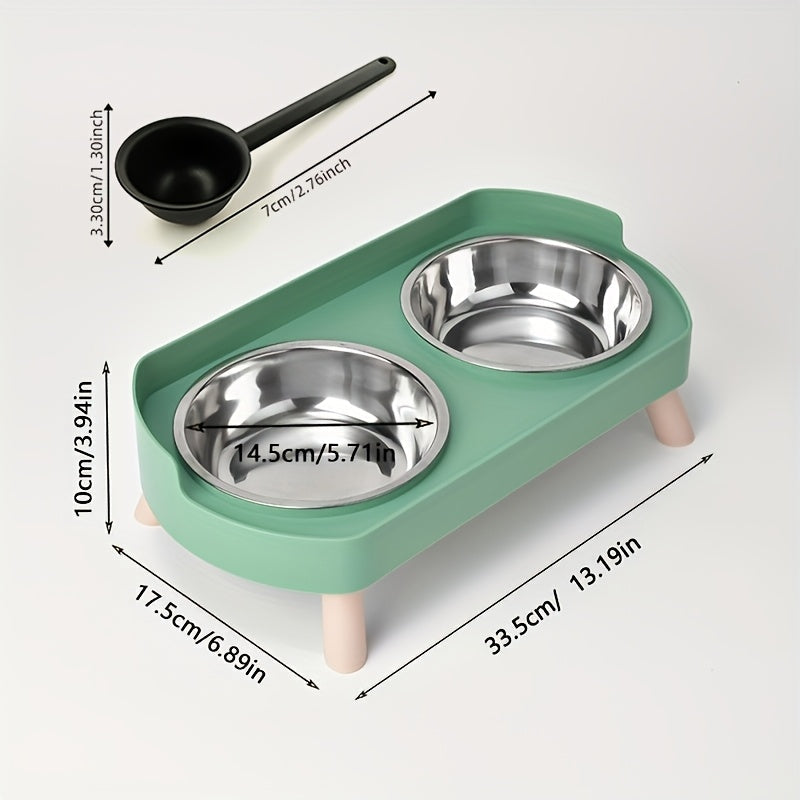 Elevated Stainless Steel Cat Bowls - Double Cat Food and Water Bowl Set, Anti-Vomit Neck Protection, Non-Slip Feeder Stand, Splash-Proof and Dishwasher Safe, Includes 2 Bowls & Pet Food Scoop for Indoor Cats