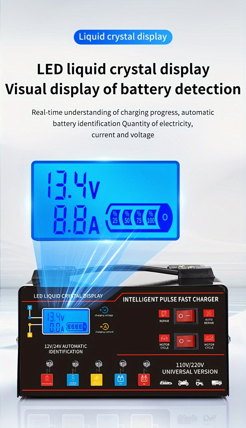 Smart Universal Battery Charger 12V 24V with LCD Screen Pulse Repair Trickle Maintainer for Car, Truck, Motorcycle, Boat, Lawn Mower, and Harvester – Automatic Temperature Regulation