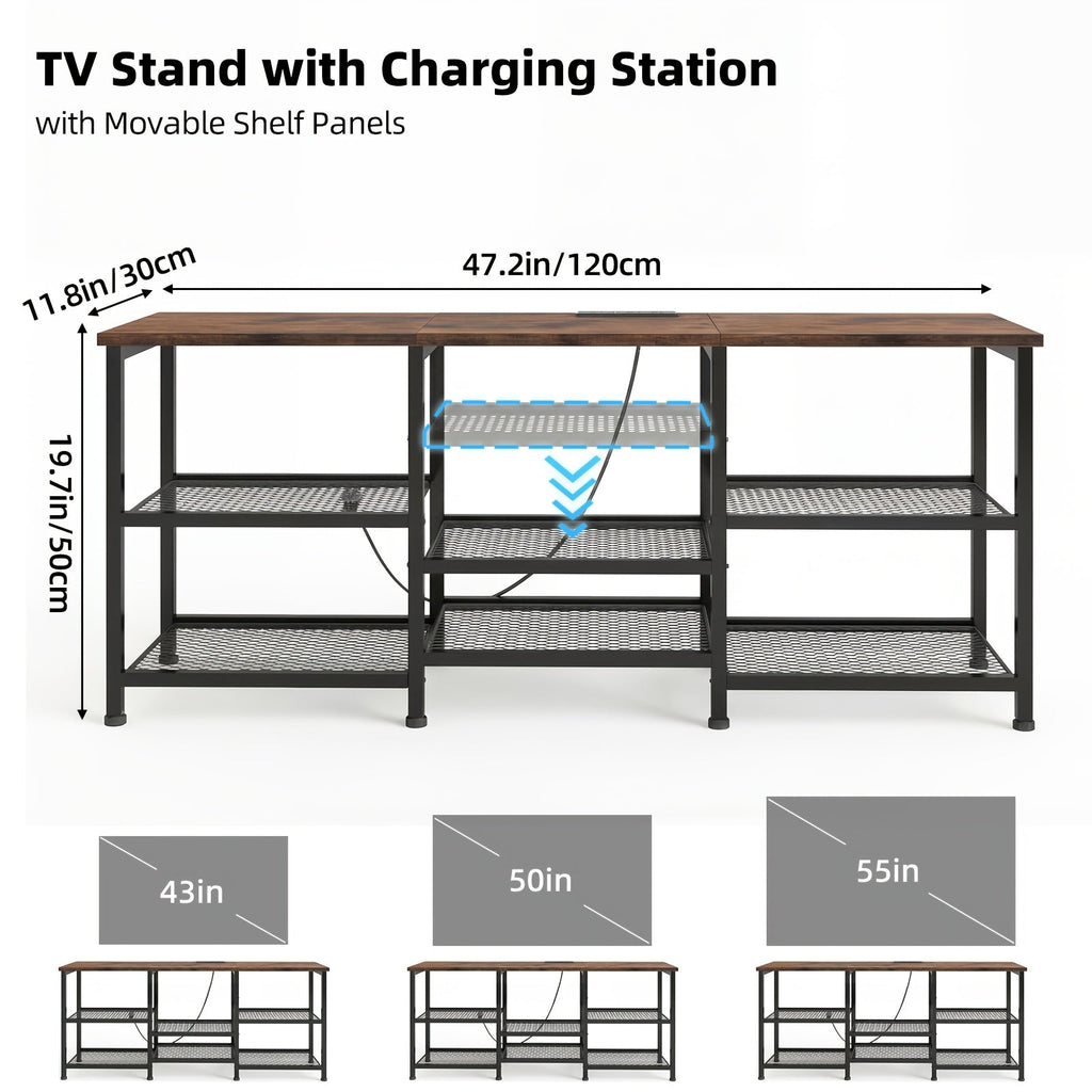TV Stand with LED Lights for 32–55 Inch TVs – Industrial Entertainment Center Open Shelves Fabric Drawer Wood & Metal Media Console for Living Room Bedroom in Brown & Black