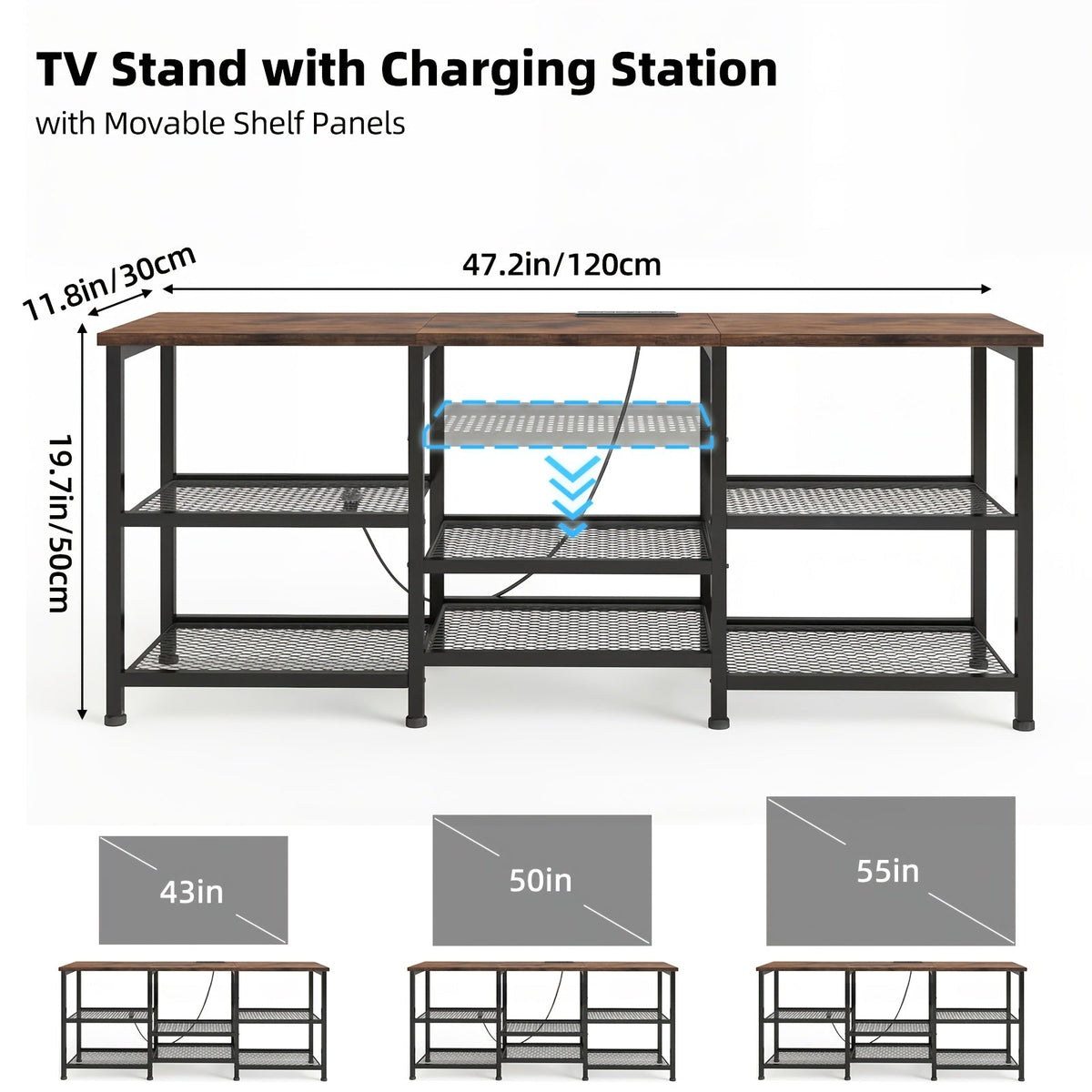 TV Stand with LED Lights for 32–55 Inch TVs – Industrial Entertainment Center Open Shelves Fabric Drawer Wood & Metal Media Console for Living Room Bedroom in Brown & Black