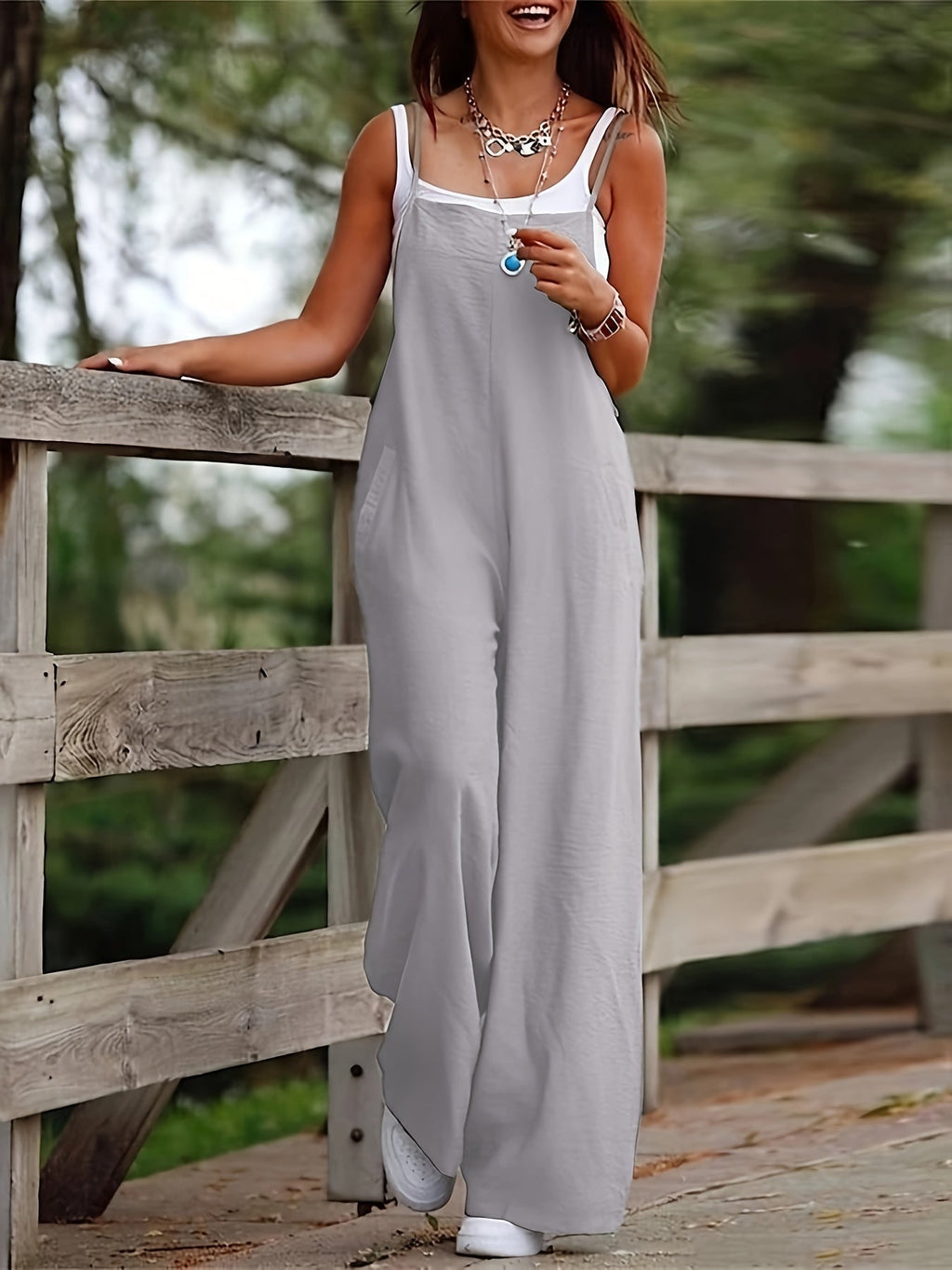 Women's Wide Leg Sleeveless Solid Color Jumpsuit Romper with Pockets Boho Casual Overalls 10 Colors S-XXL